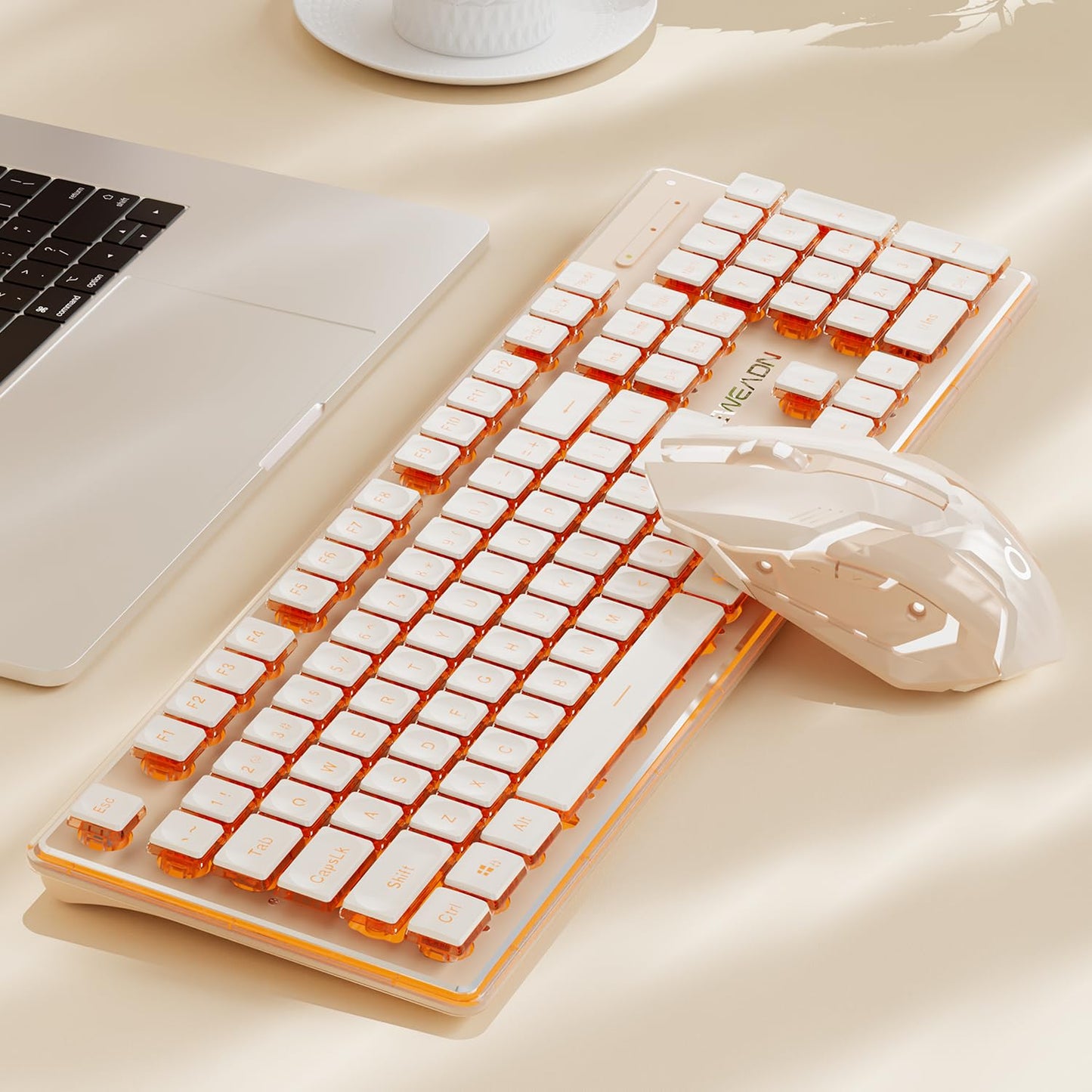 V3 Wireless Keyboard and Mouse with Single Backlit, Metal Panel, Bluetooth/2.4G Rechargeable Computer Keyboard and Mouse Combo Silent Lighted Full Size Cute Keyboards-White
