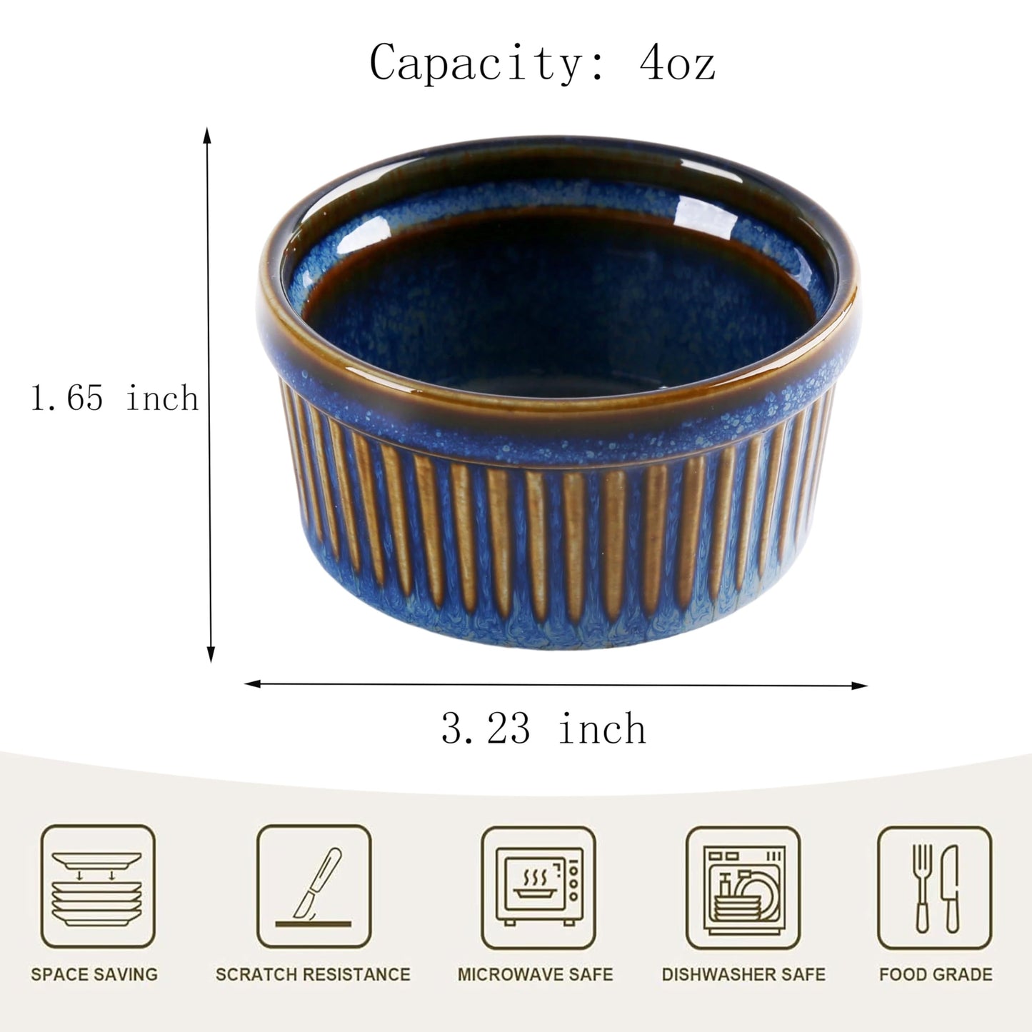 4oz Ramekins Set of 4,Creme Brulee Ramekins Oven Safe,Ceramic Custard Cups Ramiken for Baking,Souffle Ramekin Bowls for Pudding Ice Cream,Blue BST220