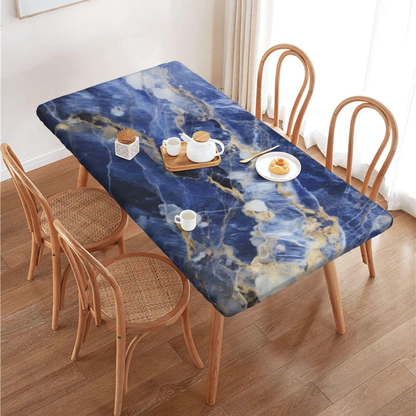 Blue Marble Rectangle Tablecloth with Elastic Edge, 5FT Table Cloths Washable Reusable Rectangular Table Cover for Kitchen Dining Party, 60" L X 30" W BST202