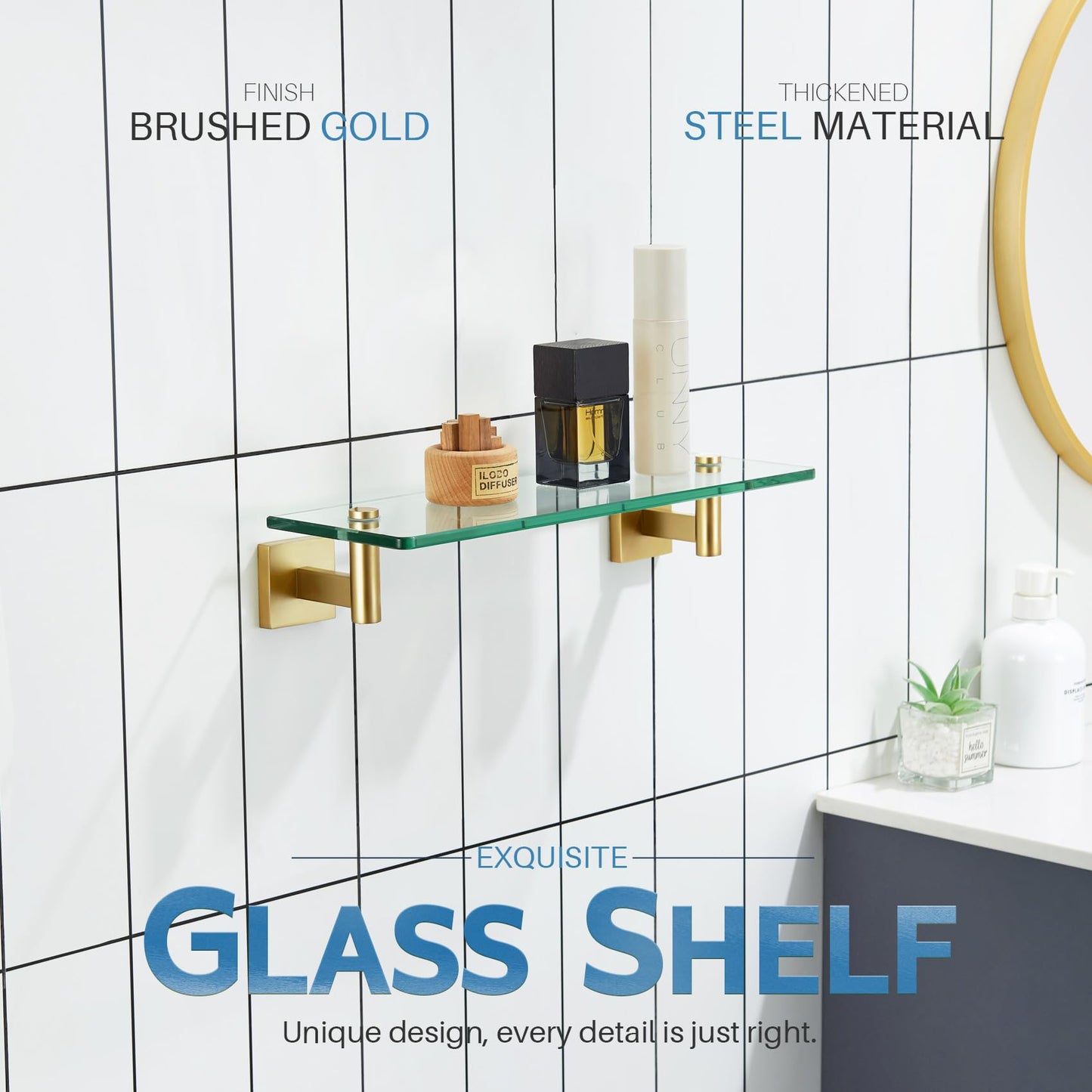 KOKOSIRI Wall Shelves Bathroom Hardware Glass Floating Shelf 12-Inch for Bedroom, Living Room, Kitchen, Hanging Rack Champagne Bronze B1105CPG-L12 BST202