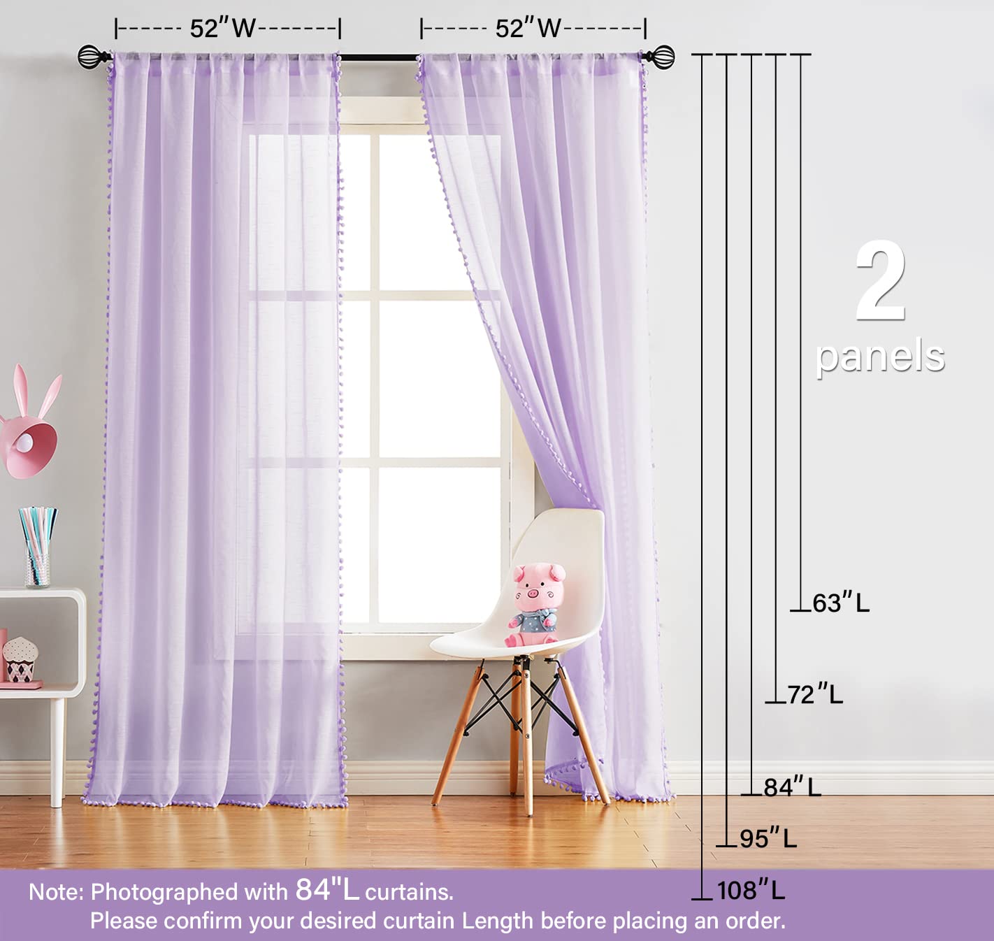 Treatmentex Pom-Pom Grey Sheer Curtains for Bedroom 63" Window Drapes Rod Pocket Textured Sheer Curtain for Kids Room 52" w 2 Panels BST202