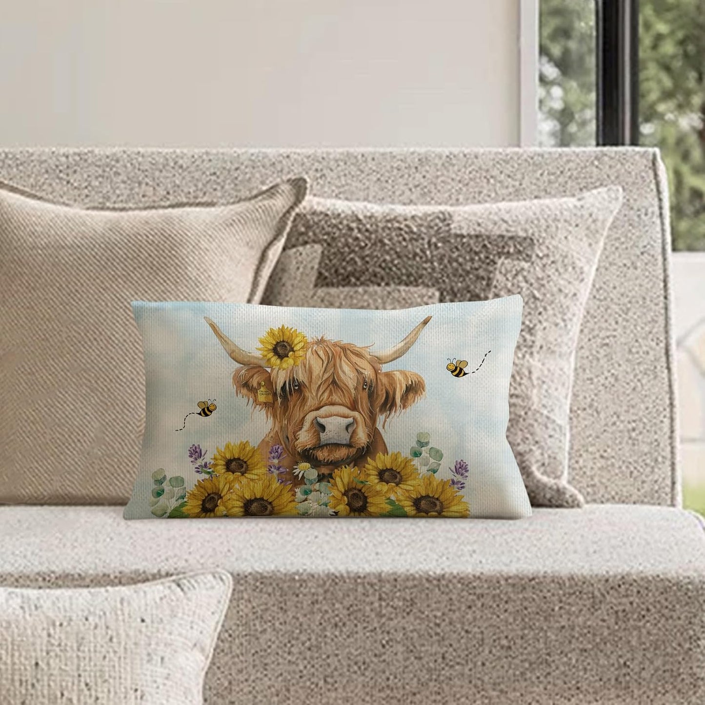 Sunflower Highland Cow Lumbar Throw Pillow Cover 12x20 Inch Summer Cushion Case Decoration for Sofa Couch BST202