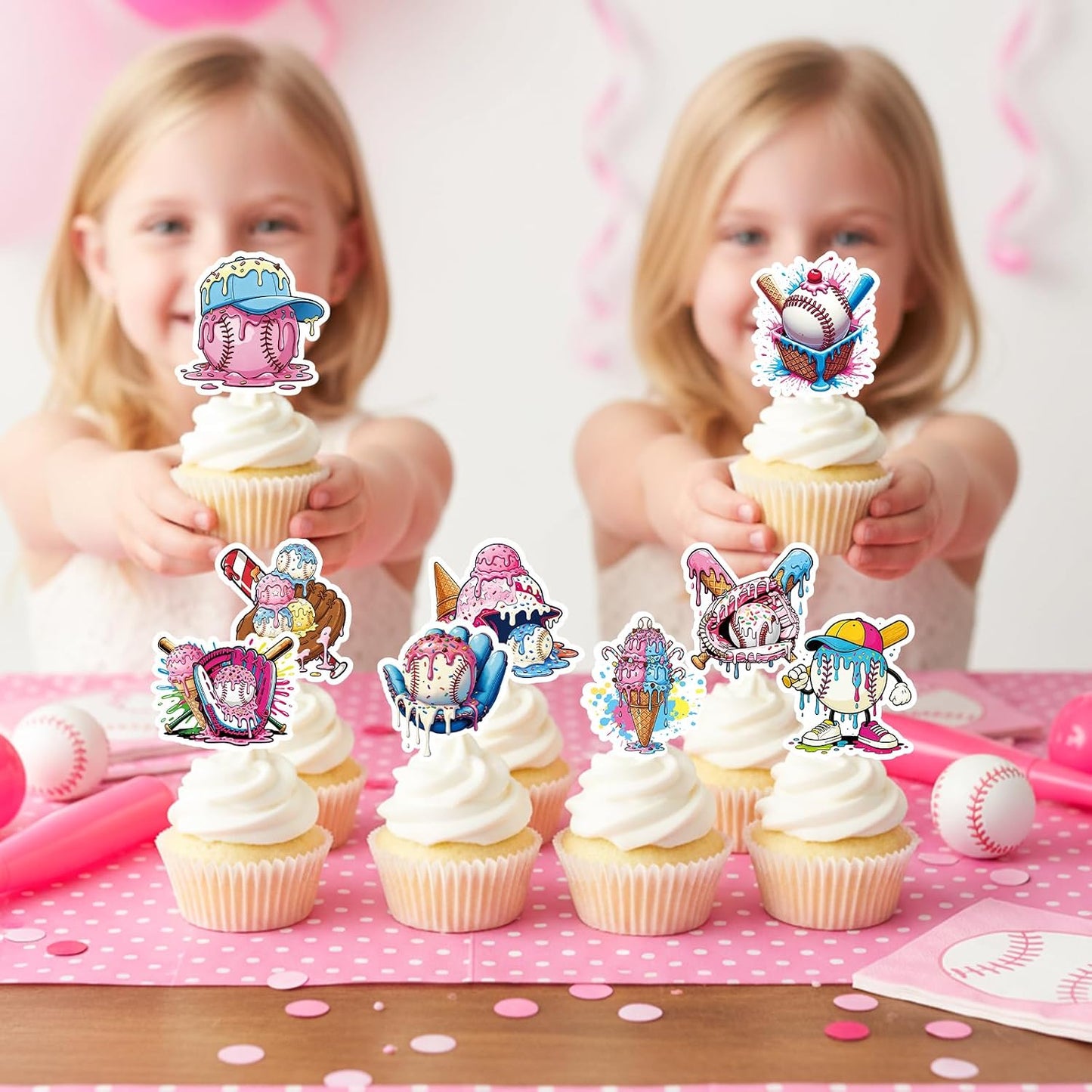 Baseball Birthday Party Decorotions - 24 PCS Ice Cream Drip Baseball Theme Cupcake Toppers, Boys Girls Sports Birthday Party Decorotions Supplies BST326L