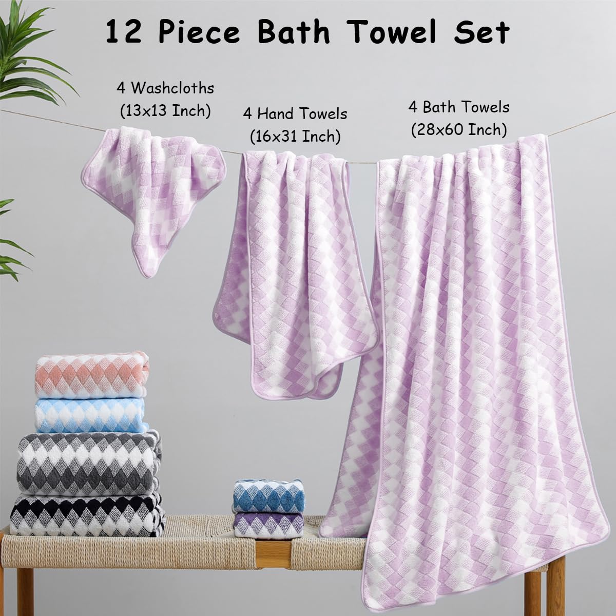 12 Pcs Light Gray Diamond Towel Set-4 Bath Towels,4 Hand Towels,4 Washcloths Soft Polyester Towels with Loop Absorbent Shower Towel Quick Dry Beach Chair Towel Family Towels for Bathroom Spa Gym Pool BST220