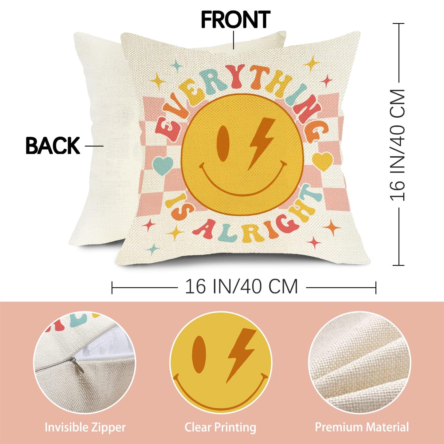 Groovy Smiling Face Inspirational Decorative Throw Pillow Covers | 20 x 20 Set of 4, Pink Hippie Smile Flower Porch Outdoor Home Decor, Motivational Quote Everything is Alright Couch Cushion BST202