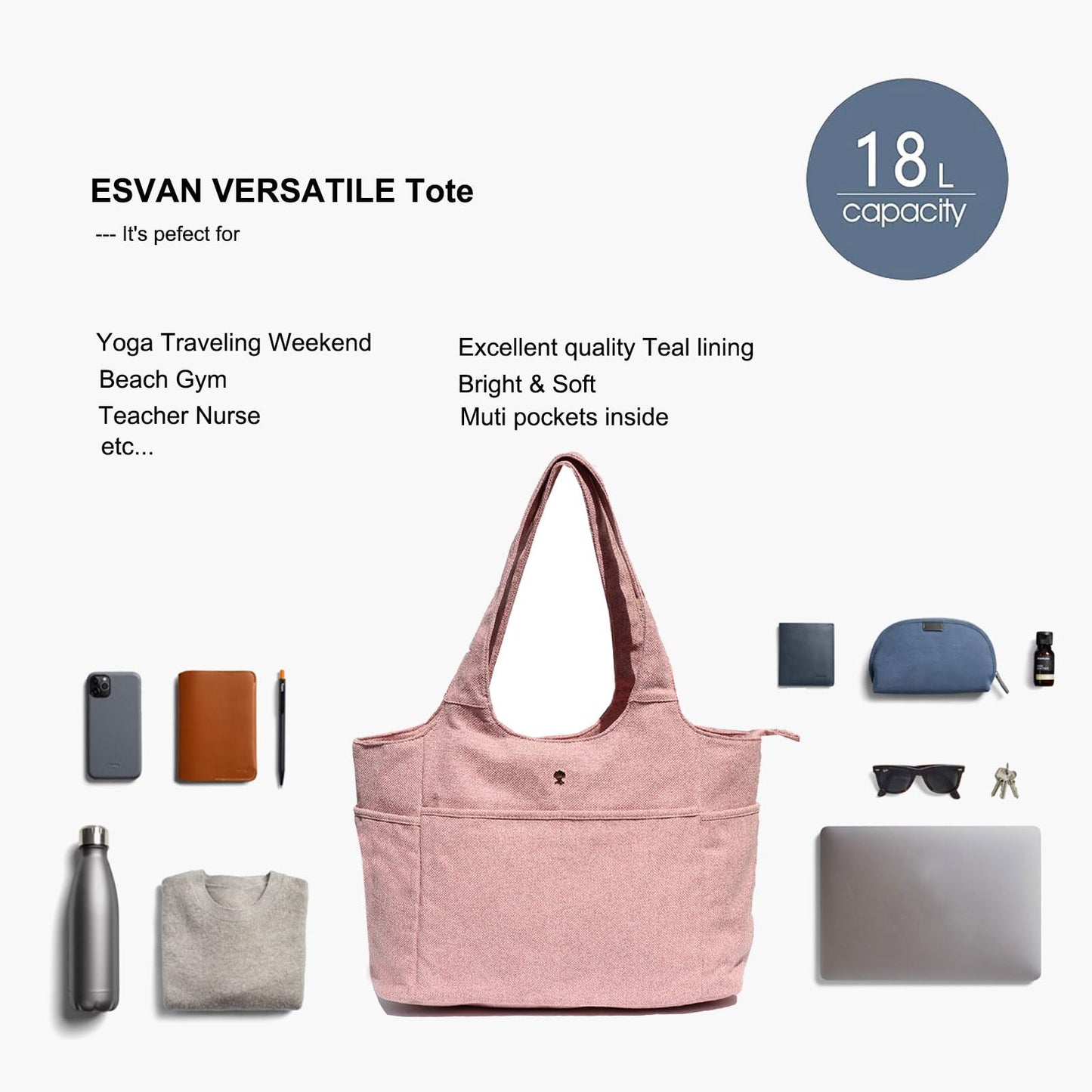 ESVAN Yoga Tote Bag Mat bag Women Shoulder Bags Carryall Tote for Travel Office Workout Gym Nurse Beach BST326H