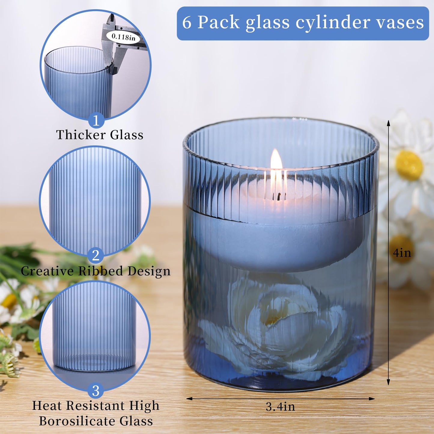 Glass Ribbed Cylinder Vases, 8 Inch Tall, Clear, Pack of 3 | Flower Vases in Bulk, Hurricane Floating Candle Vases, For Party Home Decor BST326H