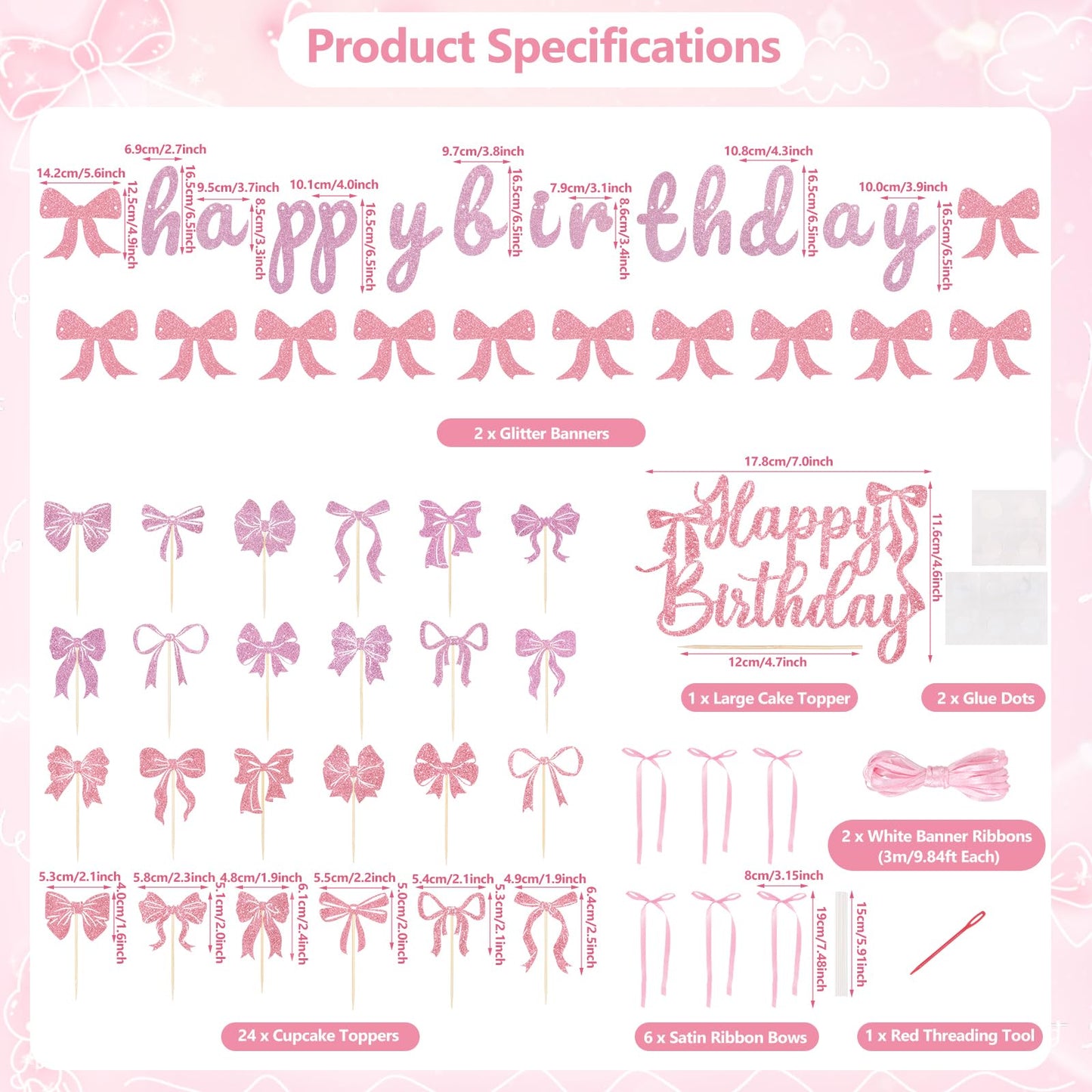 33Pcs Pink Bow Birthday Decorations Coquette Party Decorations with Happy Birthday Banner, Cake Topper, Bow Cake Decoration, Bowknot Cupcake Toppers for Bday Bridal Shower Bachelorette Valentine's Day BST220