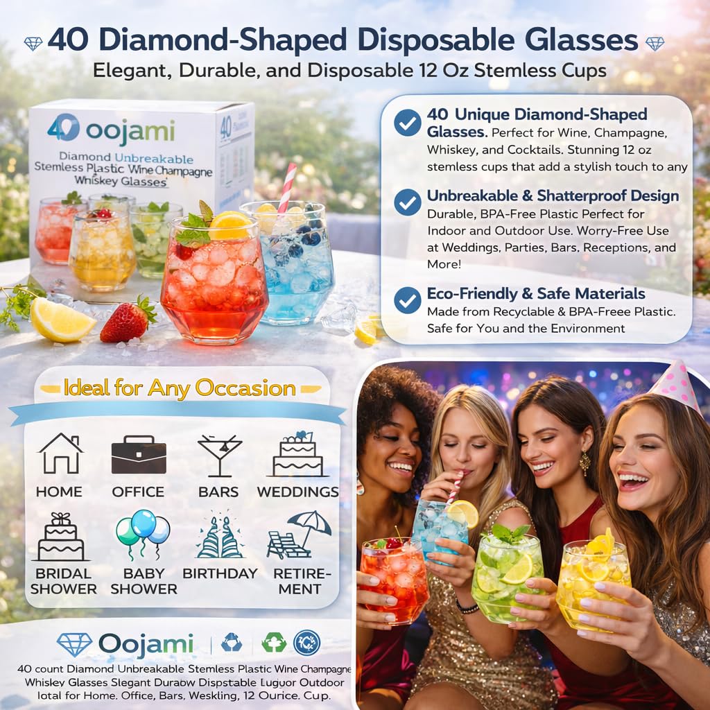 Oojami 40 Pack Diamond Disposable Plastic Wine Glasses 12oz for Parties | Stemless Wine Cups, Champagne Cocktail Whiskey - Shatterproof Unbreakable Reusable Recyclable BPA-Free, Weddings Birthday BST220
