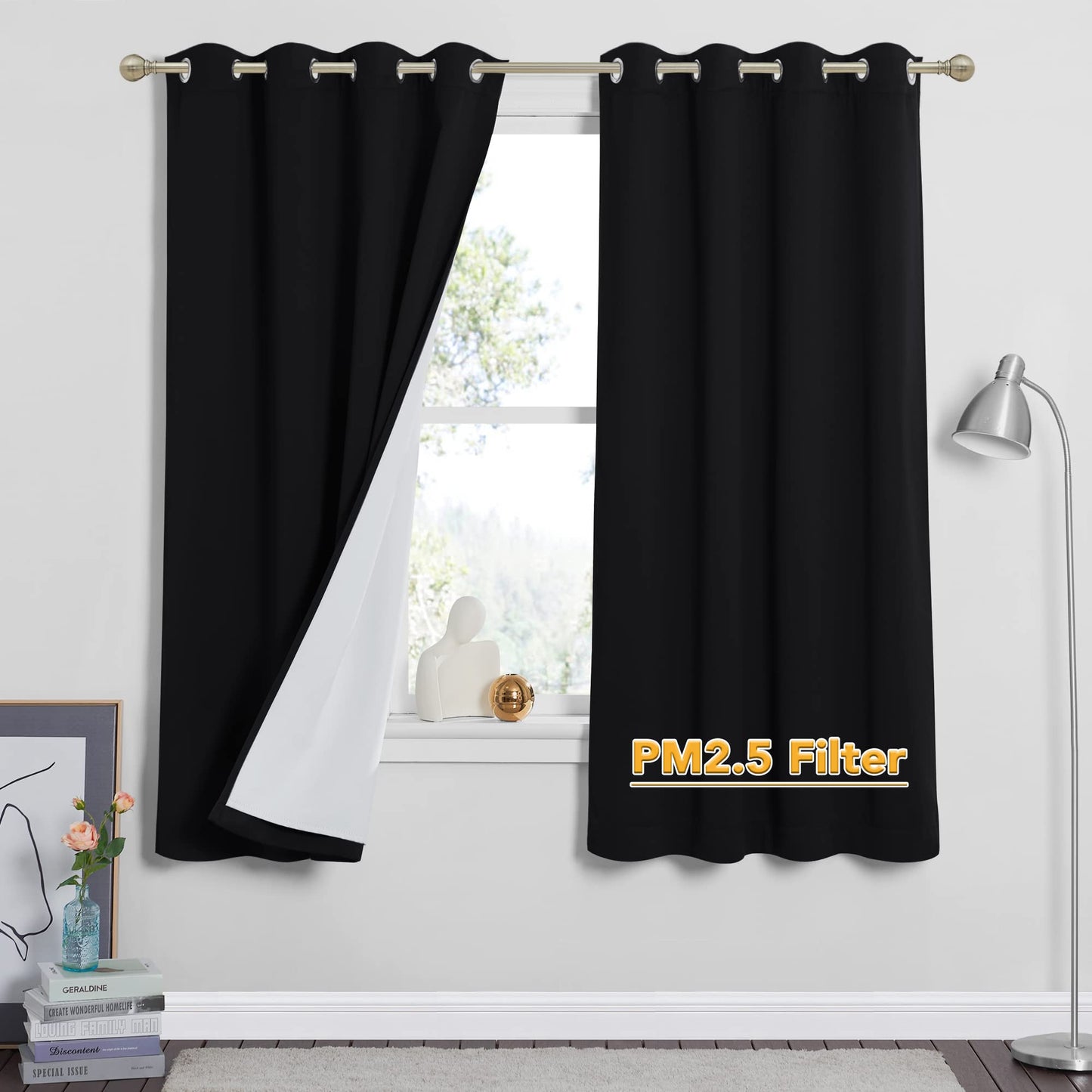 RYB HOME 4-in-1 Dust Filtering Soundproof Blackout Insulating Privacy Window Curtains for Nursery Bedroom Living Room Rivider Sound Absorption Sheet, Black, W52 x L90 inch, 2 Panels BST220