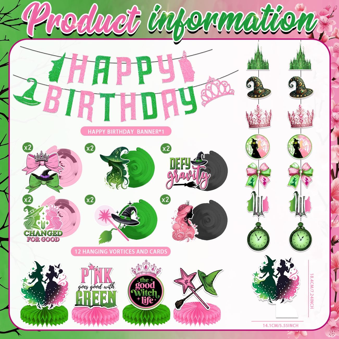 Witch Party Decorations Pink and Green Happy Birthday Banner Hanging Swirls and Honeycomb Centerpieces Witch Theme Party Decorations for Girls Women Birthday Party Supplies BST220