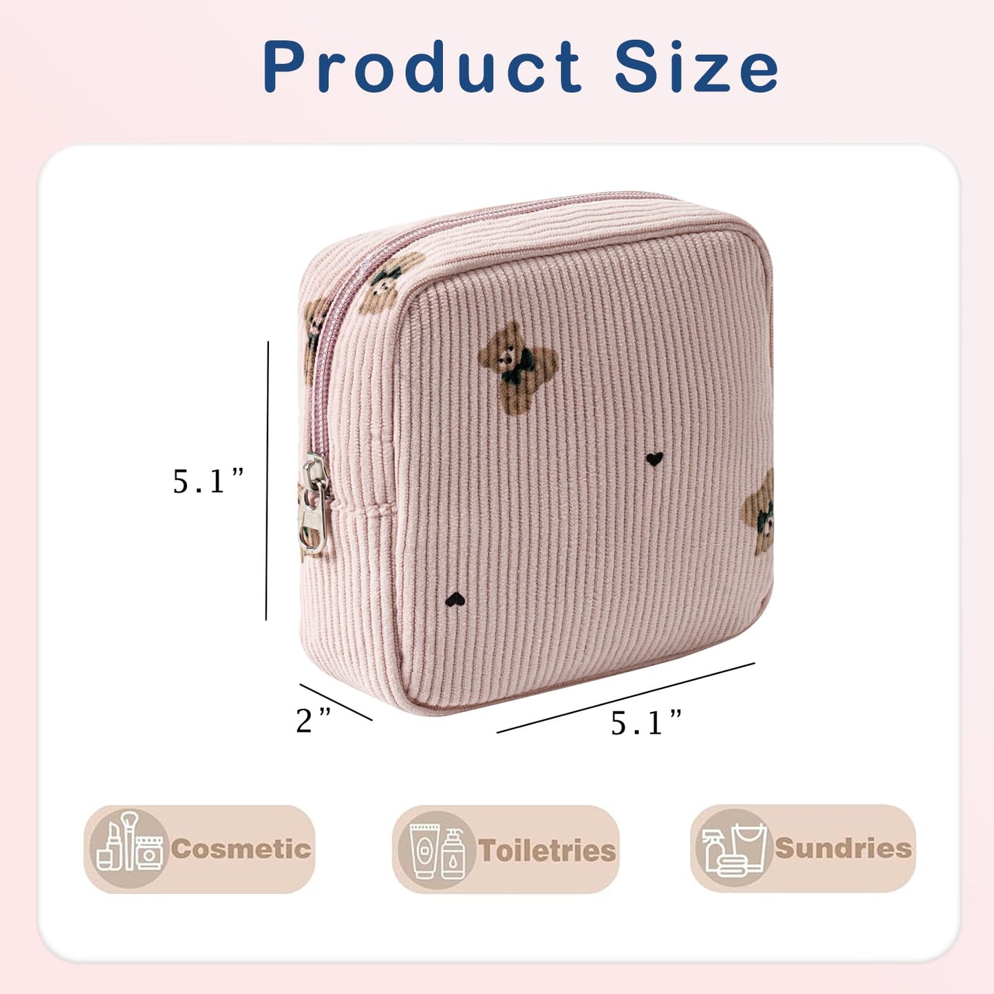 uekeboag Cute Small Corduroy Zipper Makeup Bag, Mini Coquette Aesthetic Pouch with Bear Pattern for for Purse,Key Pocket Lipstick Bag Card Holder Data Cable Organizer (12Hot Pink) BST220