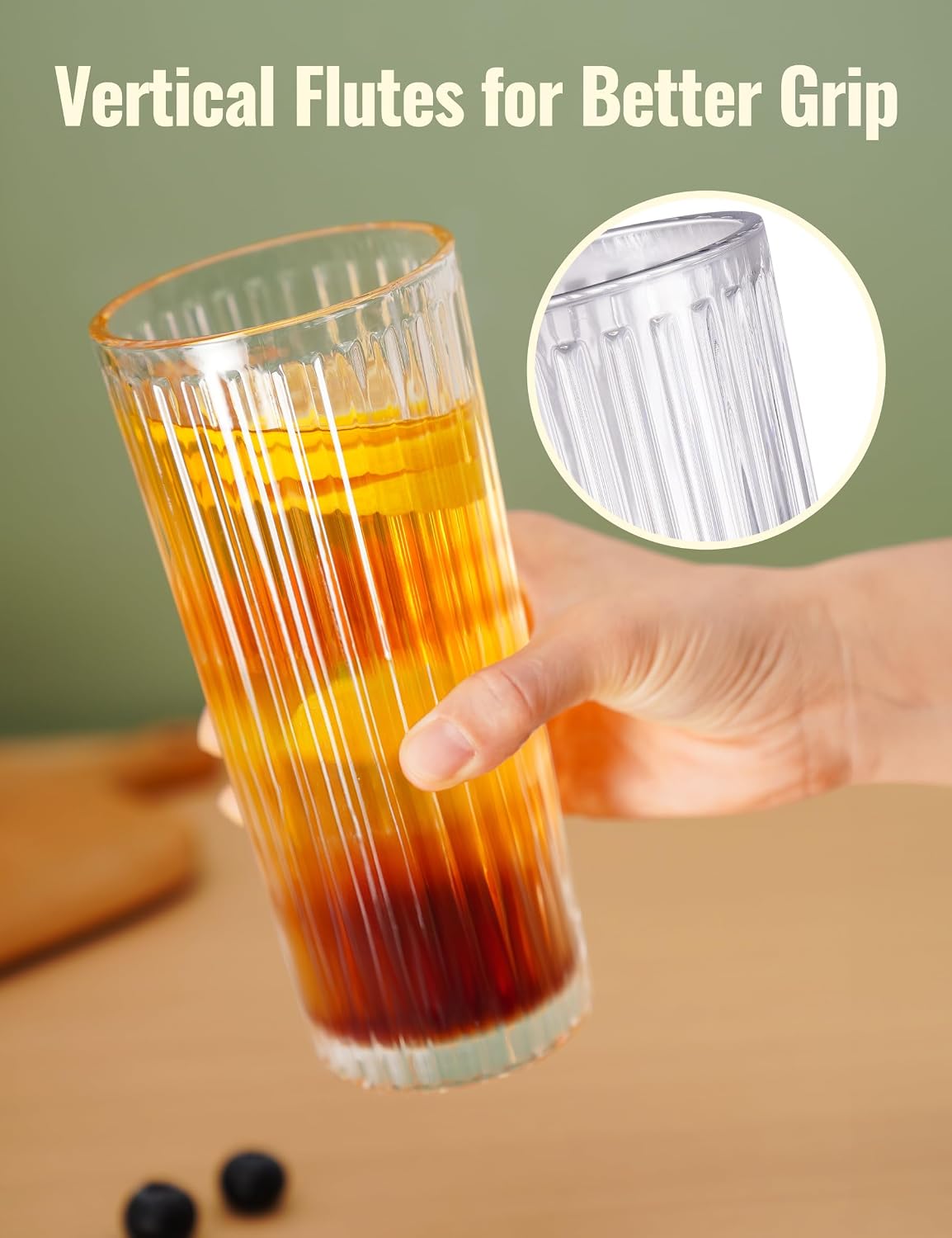 NiHome 18oz Ribbed Highball Glasses with Straws, Vintage Fluted Glasses | 2-Pack Ribbed Glasses, 18oz Large Capacity with 2 Reusable Silicone Straws, Dishwasher-Safe, for Bubble Tea, Smoothies BST326H