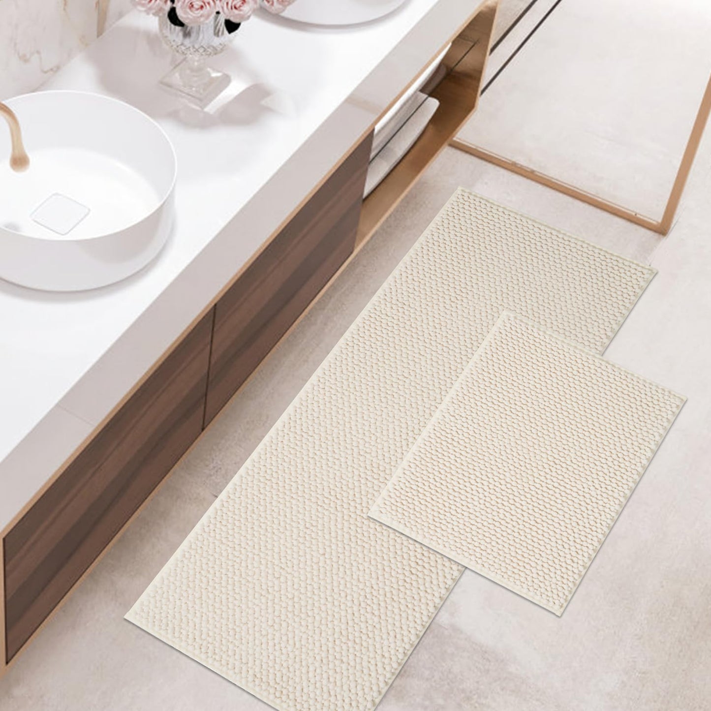 FRESHMINT Chenille Bathroom Rugs Sets 2 Piece 17"x24"+20"x32", Non-Slip Bath Mats, Absorbent Bath Rug, Washable Set of 2 Shower Floor Mat, Gray BST220