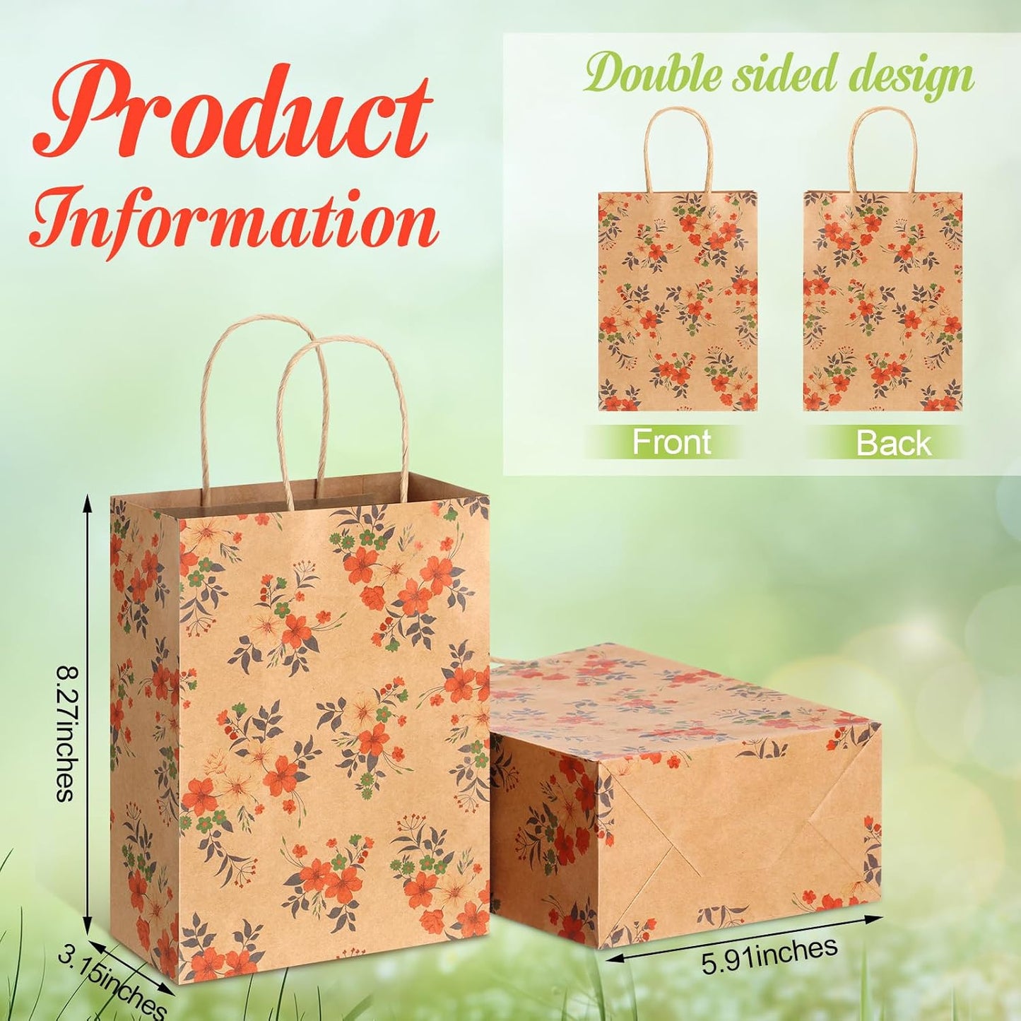 TaoBary 24 Pieces Floral Gift Bags with Handle Kraft Flower Treat Goodie Bags for Summer Spring Party Favor Supplies Decoration WN420