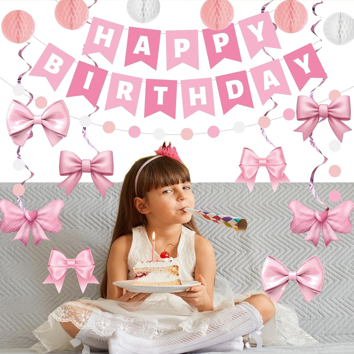 38 Pcs Pink Birthday Party Decoration Set Pink Bow Banner Hanging Swirls Honeycomb Balls for Women Girls Bow Birthday Bachelorette Party Baby Shower Party Supplies BST220