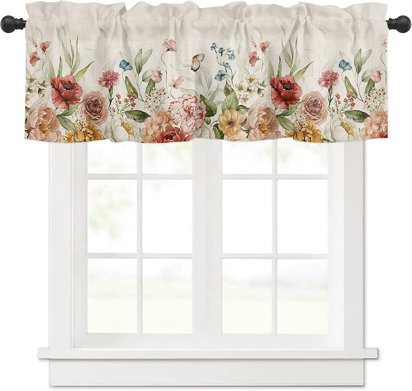 Spring Rose Curtain Valances for Windows, Wild Flowers Butterfly Linen Texture Rod Pocket Valance Window Treatments Botanical Short Curtains for Kitchen Bathroom Living Room 54 x 18 Inches, 1 Panel BST220