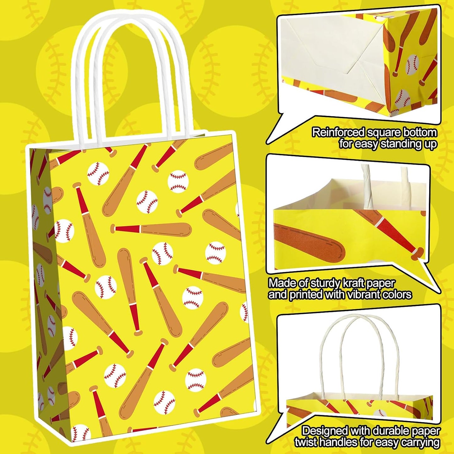 MotiMind 24 Pcs Softball Party Favor Bags Black Yellow Softball Themed Goodie Gift Wrapping Paper Bags with Handles Portable Sports Ball Candy Treat Pouch for Birthday Party Decorations Supplies BST326H