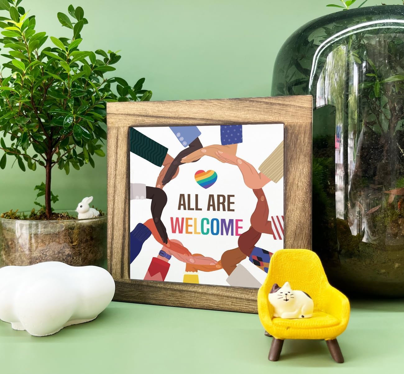 Welcome Sign - All Are Welcome, Wooden Plaque, Table Art, Diversity & School Classroom Decor, Farmhouse Style Home & Office Desk Decor BST202