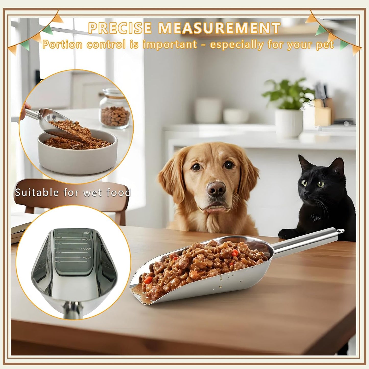 Dog and Cat Food Scoop, 1 Cup Stainless Steel Measuring Scooper with Long Handle for Pet Food, Ice Machine & Freezer, Easy to Clean & Store BST326L