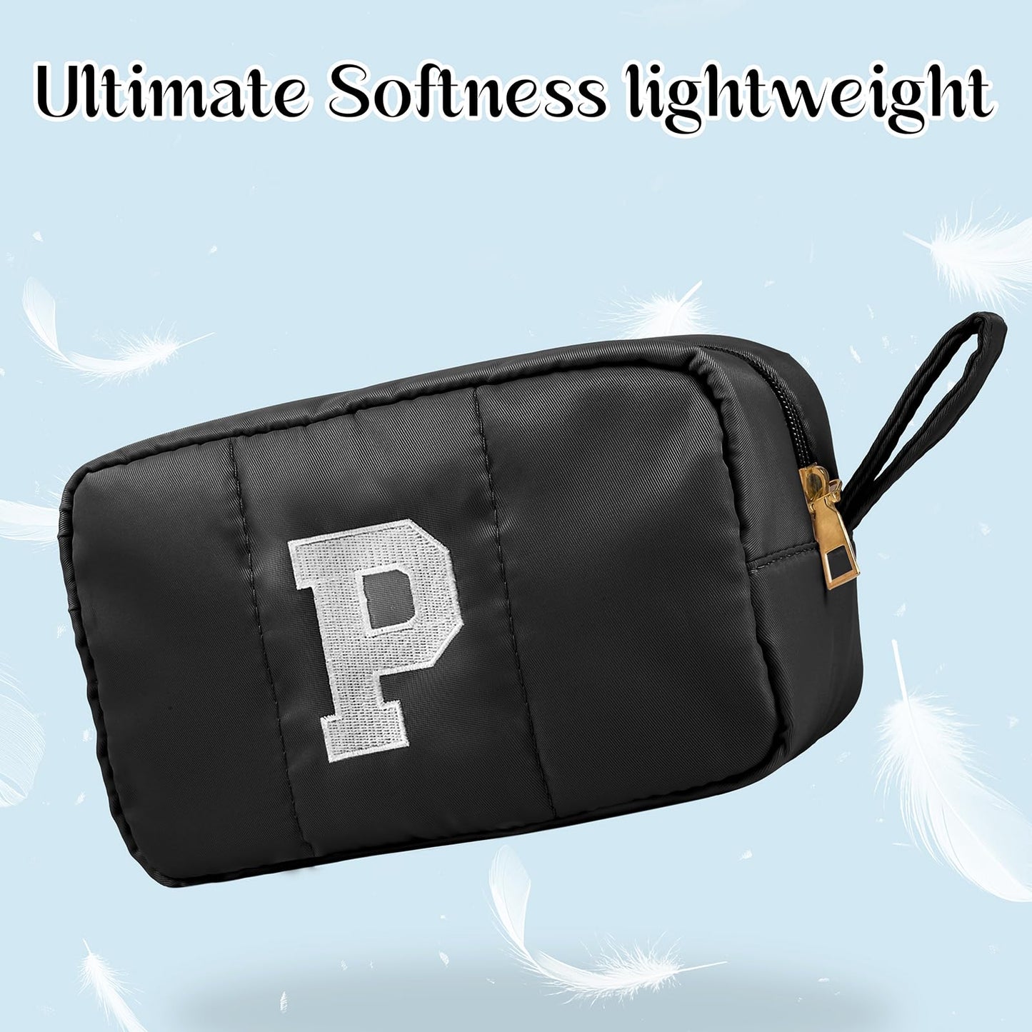 Puffy Makeup Bag for Women,Initial Cosmetic Bag,Cute Travel Toiletry Bag,Puffer Make Up Organizer Bags with Compartments,Personalized Gifts for Girlfriend Bridesmaid Teacher Graduation (Khaki gray, E) BST202