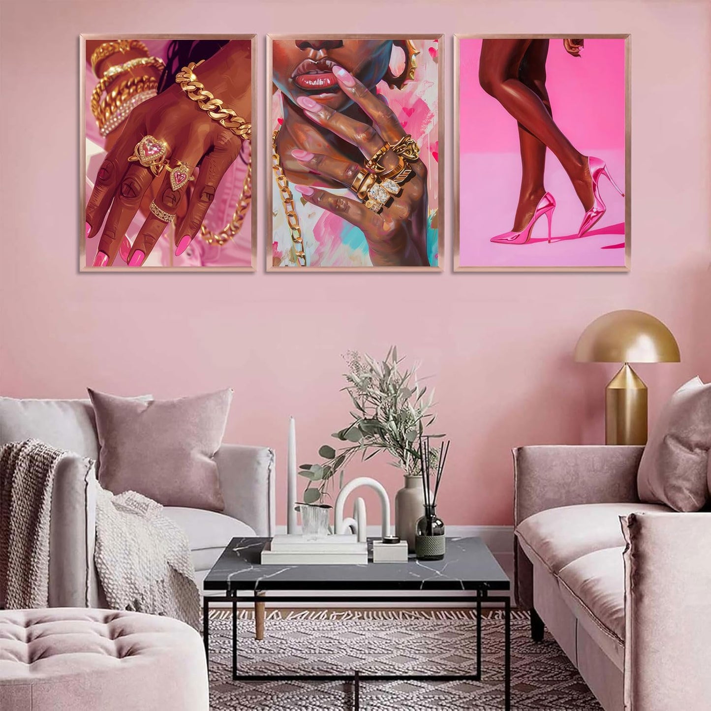 3Pcs Pink Fashion Black Girl Canvas Wall Art African American Black Woman Wall Decor Pictures Gorgeous Black Girl Posters Prints for Living Room Bedroom Artwork Home Decoration Unframed BST326H