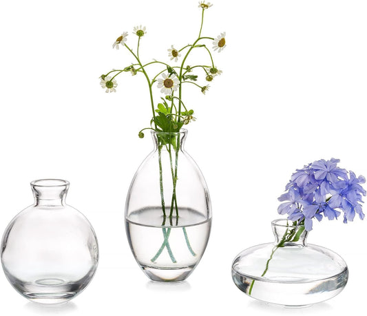 Glasseam Clear Glass Bud Vase, 3Pcs/Set Modern Decorative Small Mini Flowers Vases Short Minimalist Aesthetic Home Decor Vintage Cute Handmade Tiny Wedding Table Centerpieces for Single Flower Rose BST326H