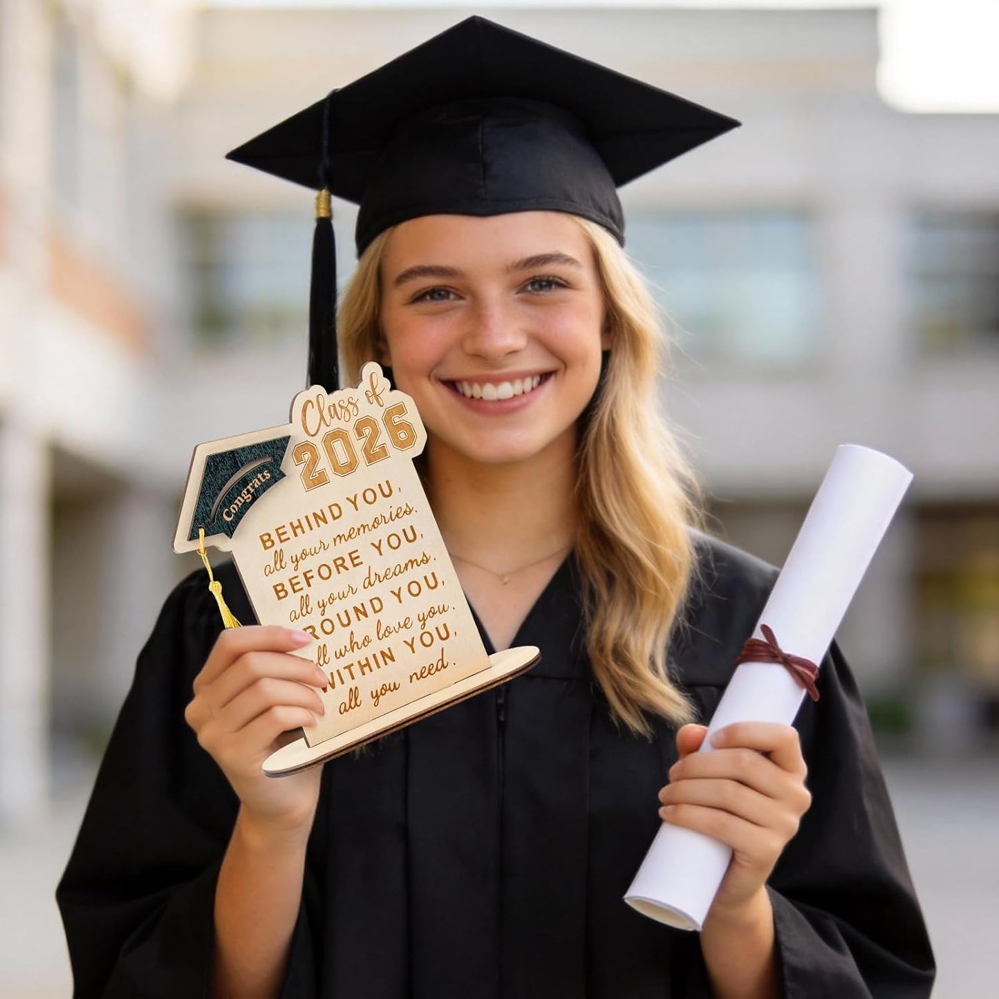 Graduation Decorations, Graduation Gifts for Class of 2026 | Graduation Quote Wood Sign Desk Decor, Positive Behind You All Your Memories Wood Plaque with Stand Desk Decoration Grad Gift WN420