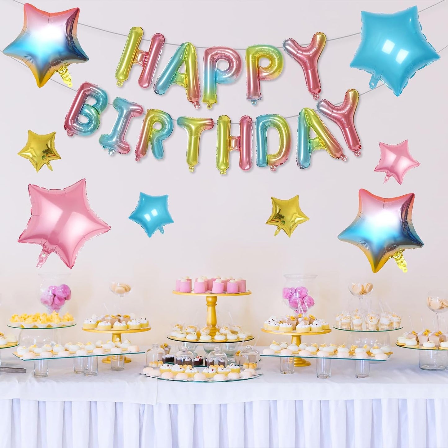 Happy Birthday Balloons Banner, Rainbow Happy Birthday Foil Balloons 16 Inch Foil Letter Balloon with 8 Pcs Gradient Blue Pink Star Balloon for Women Men Boys Girls Birthday Party Decoration WN420