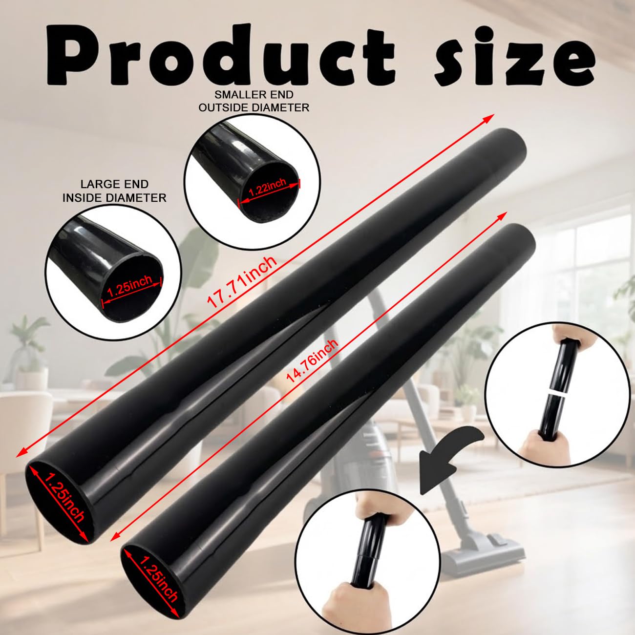 Vacuum Extension Tubes 2Pack, 1.25 Inch Diameter, 14.76" and 17.71" Length - Black | Compatible with 1-1/4 Inch Hose Wet/Dry Vacuum Cleaners | Versatile Tool (Black, 1 P14.76" +1 P 17.71 ") BST202