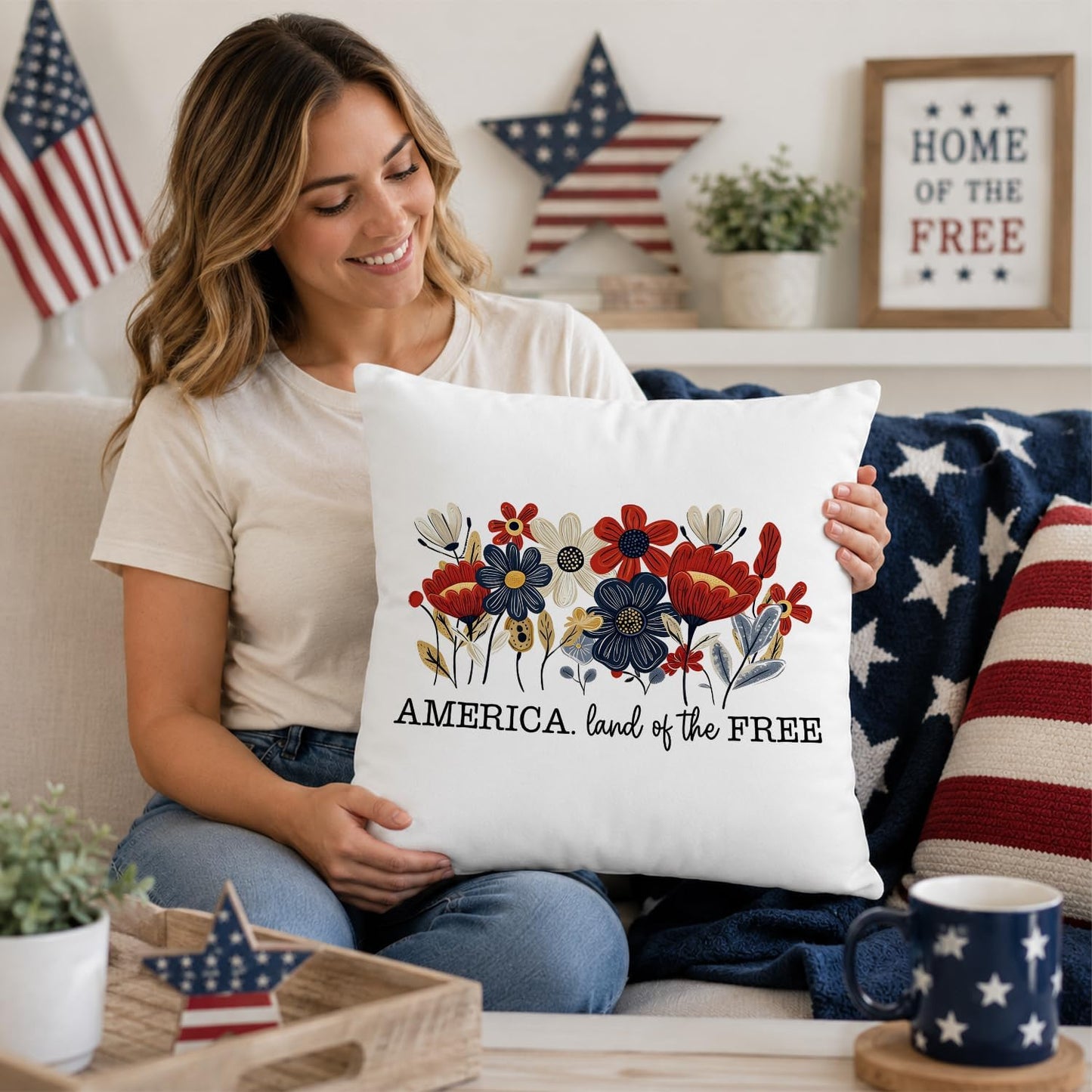 Patriotic Pillow Covers 18x18, 4th of July Throw Pillow Covers, America Land of the Free Floral Decor, Red White Blue Wildflower Pillow Case, Independence Day Gifts for Women Sofa Decor BST326L