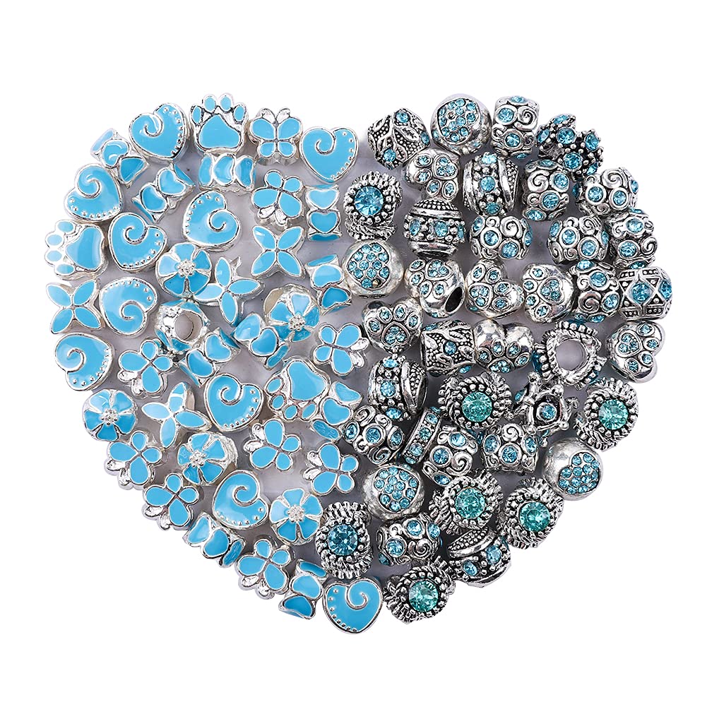 60 Pieces Assorted European Beads with Plating Silver Metal Alloy Rhinestone Large Hole Spacer Beads for DIY Charm Bracelet Jewelry Making (Blue) BST220
