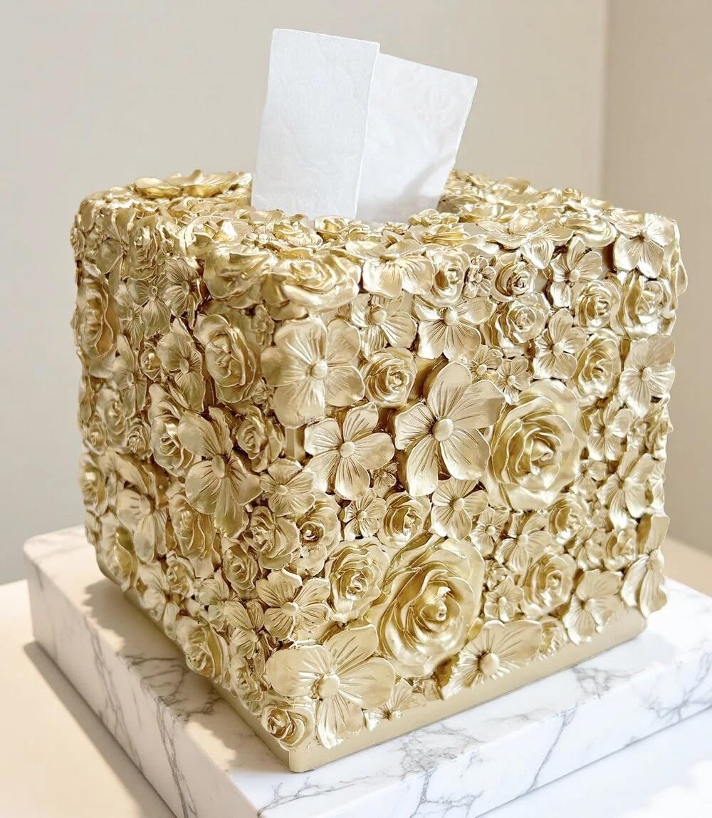 Square Tissue Box Cover Decorative Kleenex Box Holder for Bathroom & Living Room with Handcrafted Texture (colla Gold) BST220