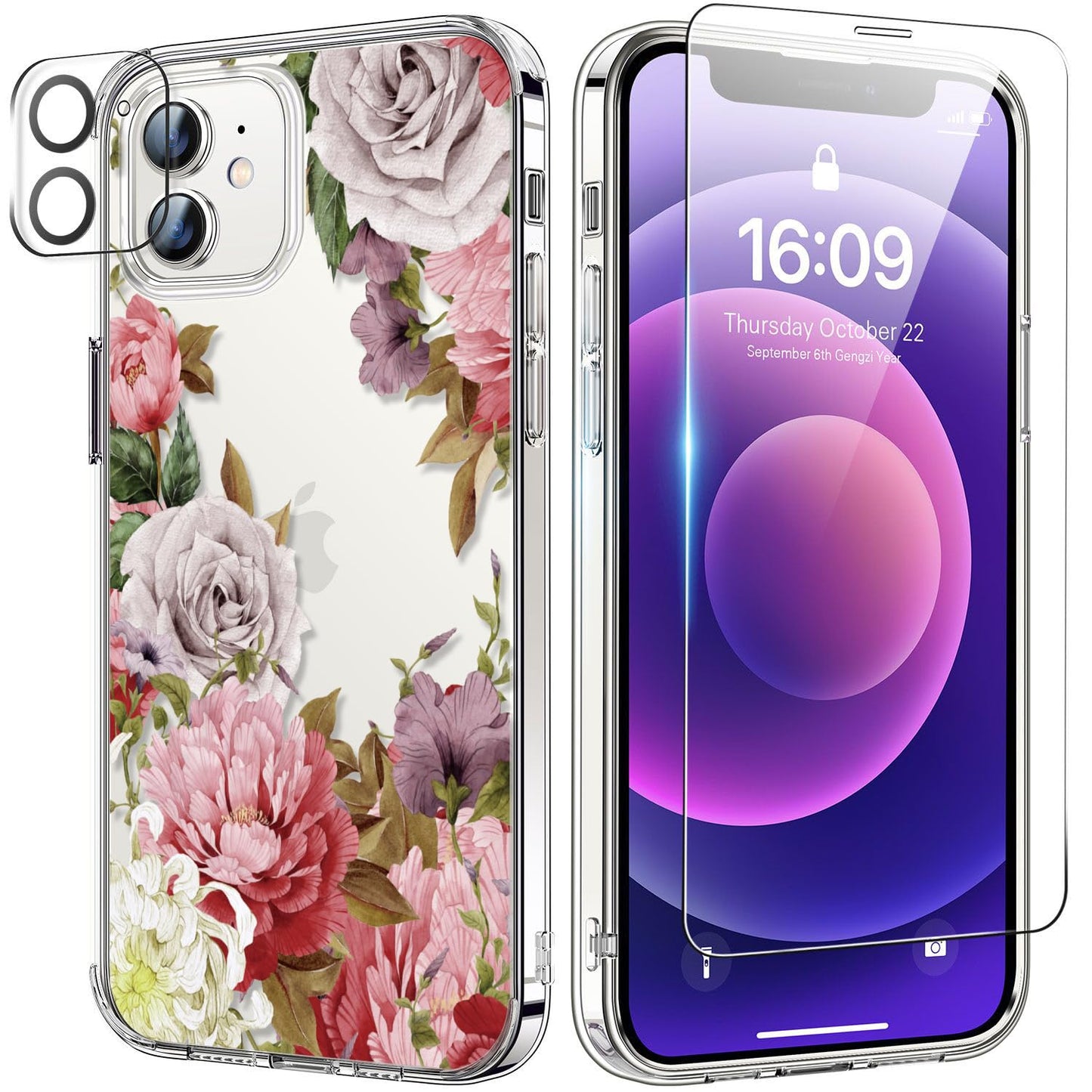 bicol for iPhone 12 Pro Max Case with Screen Protector and Camera Lens Protector - Fashionable Flower Floral Designs for Women Girls - Shockproof Acrylic Clear Phone Cover 6.7" - Blooming Flowers WN420