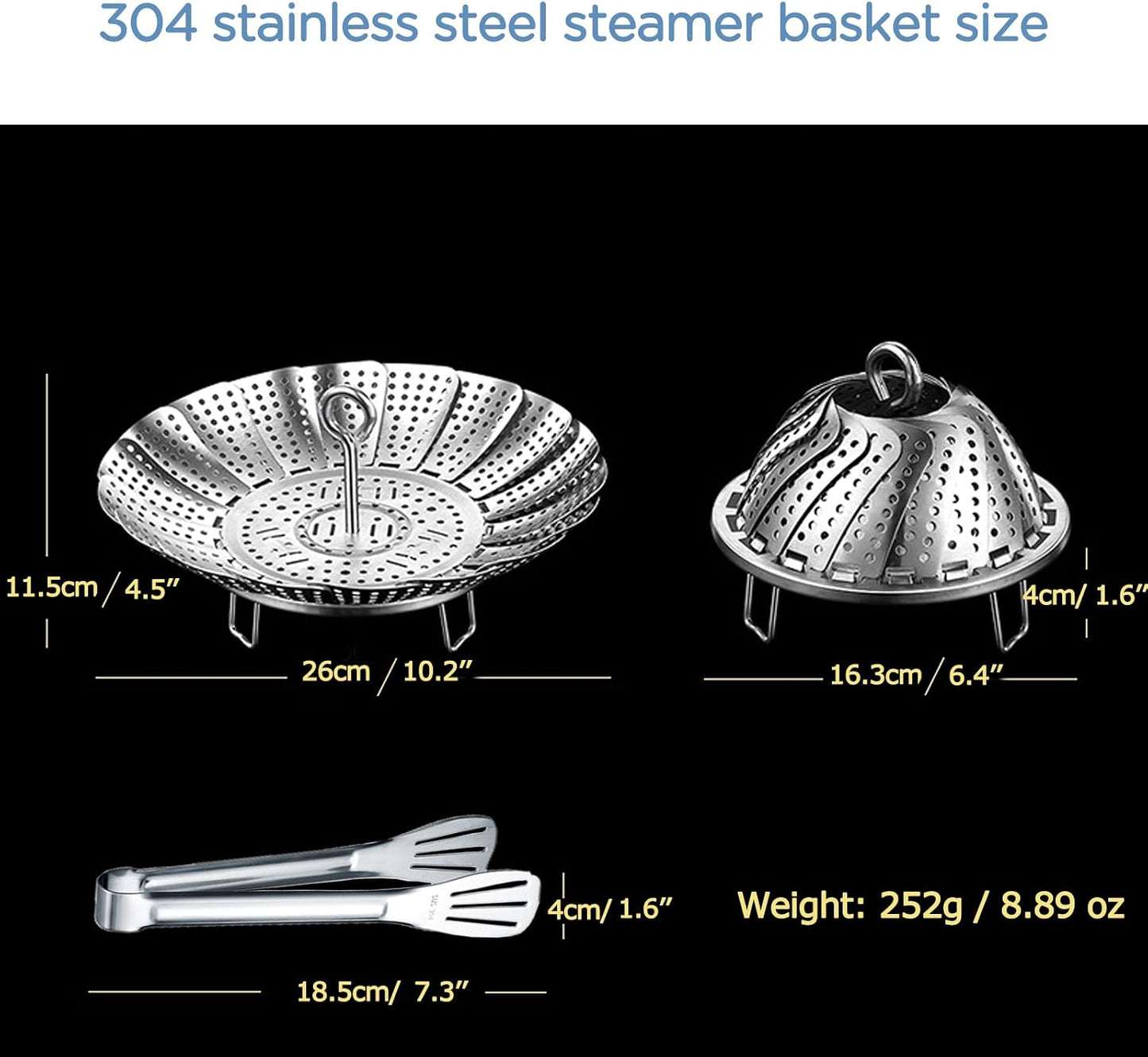 304 Stainless Steel Vegetable Steamer Basket, Expandable Insert for Cooking, Fits 6.4 to 10.2 Inch Pots, Includes 7.3 Inch Kitchen Tongs WN420