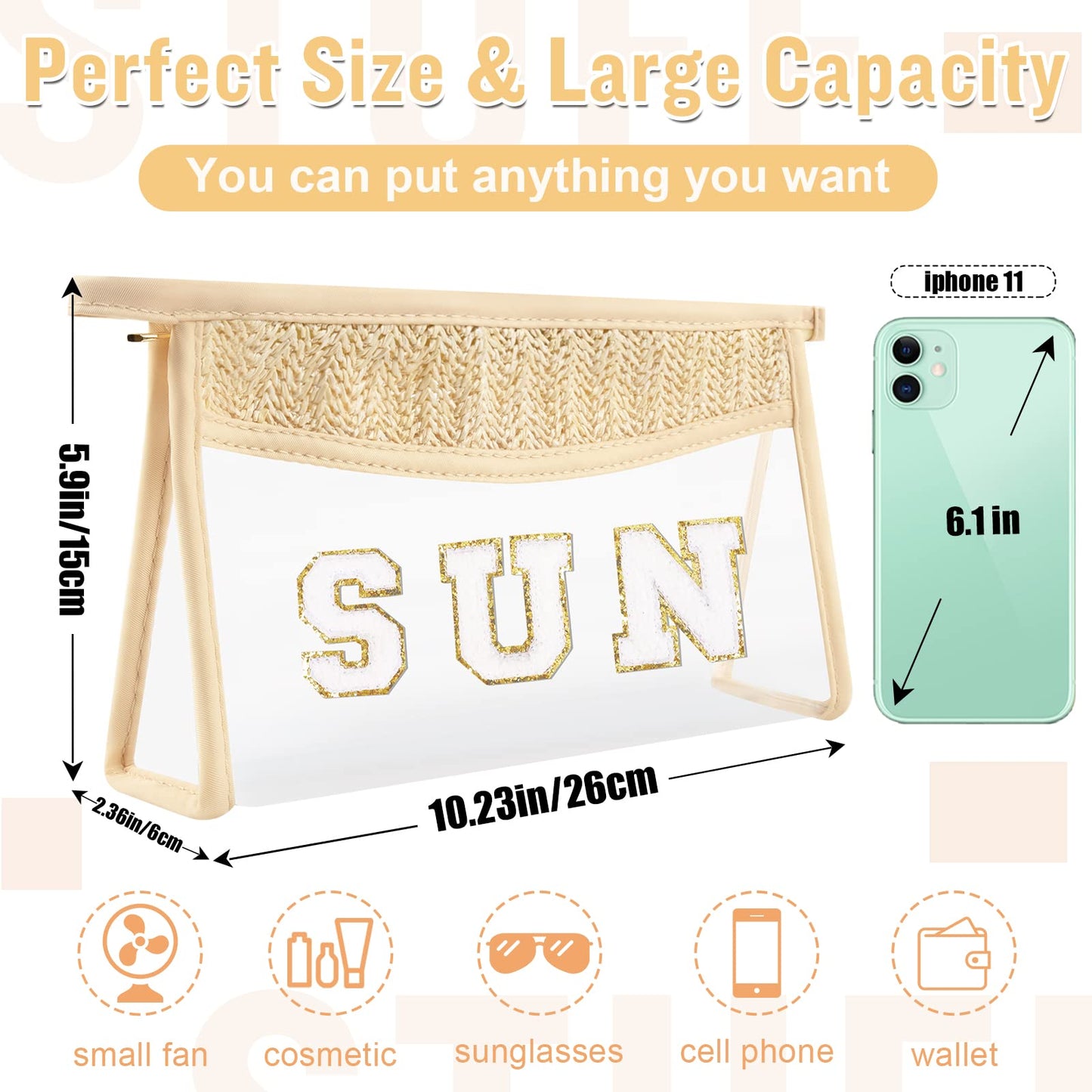 Boho Clear Makeup Bag Cosmetic Zipper Pouch Purse, Clear Toiletry Bags Travel Small Preppy Cute DIY Chenille Letter Bag, Transparent PVC Waterproof Clutch Make Up Organizer Storage Bag for Women Girls BST220