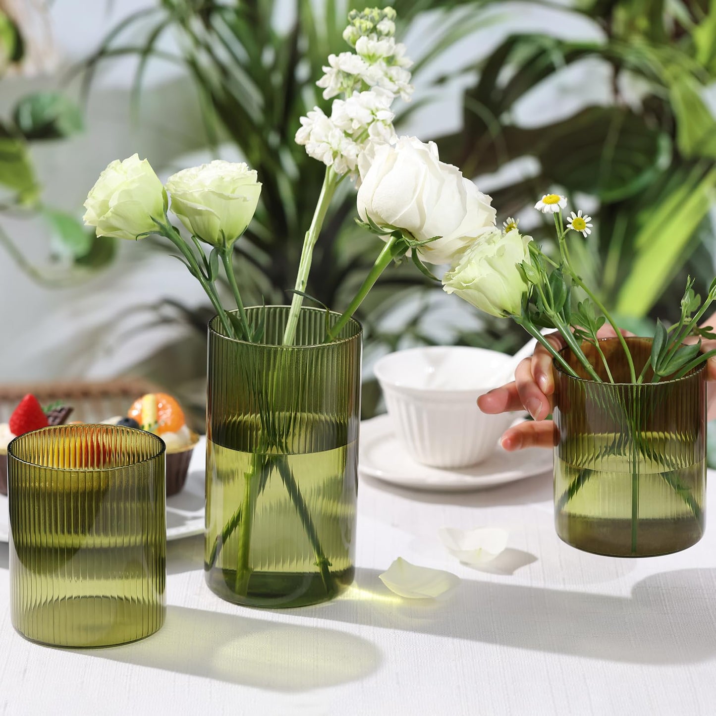 Glass Ribbed Cylinder Vases, 8 Inch Tall, Clear, Pack of 3 | Flower Vases in Bulk, Hurricane Floating Candle Vases, For Party Home Decor BST326H
