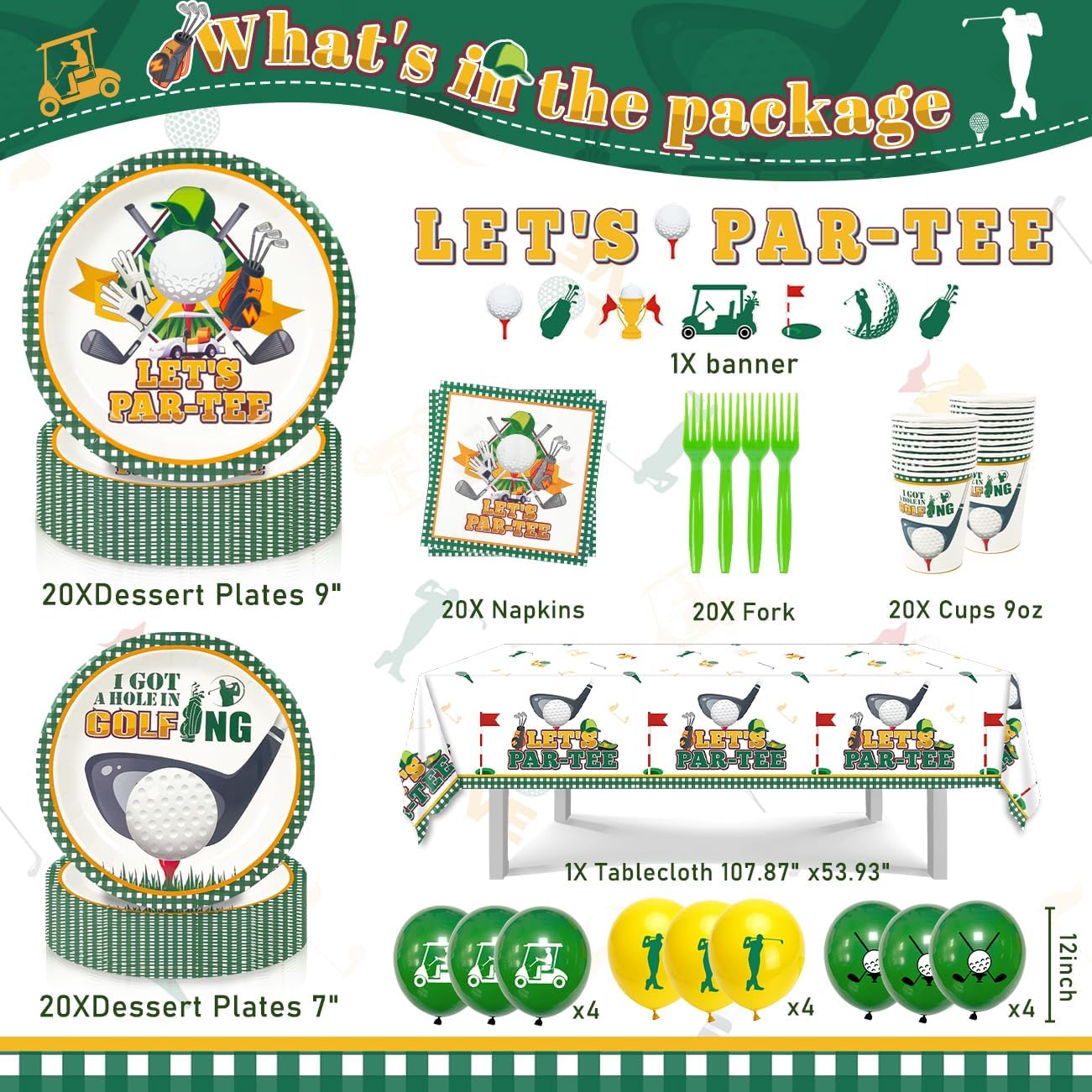 Golf Party Decorations, 114PCS Golf Birthday Party Decorations with Let's Par-Tee Golf Plates Napkins Cups and Balloons for Golf Themed Party Decorations, Golf Party Supplies Serve 20 BST326H