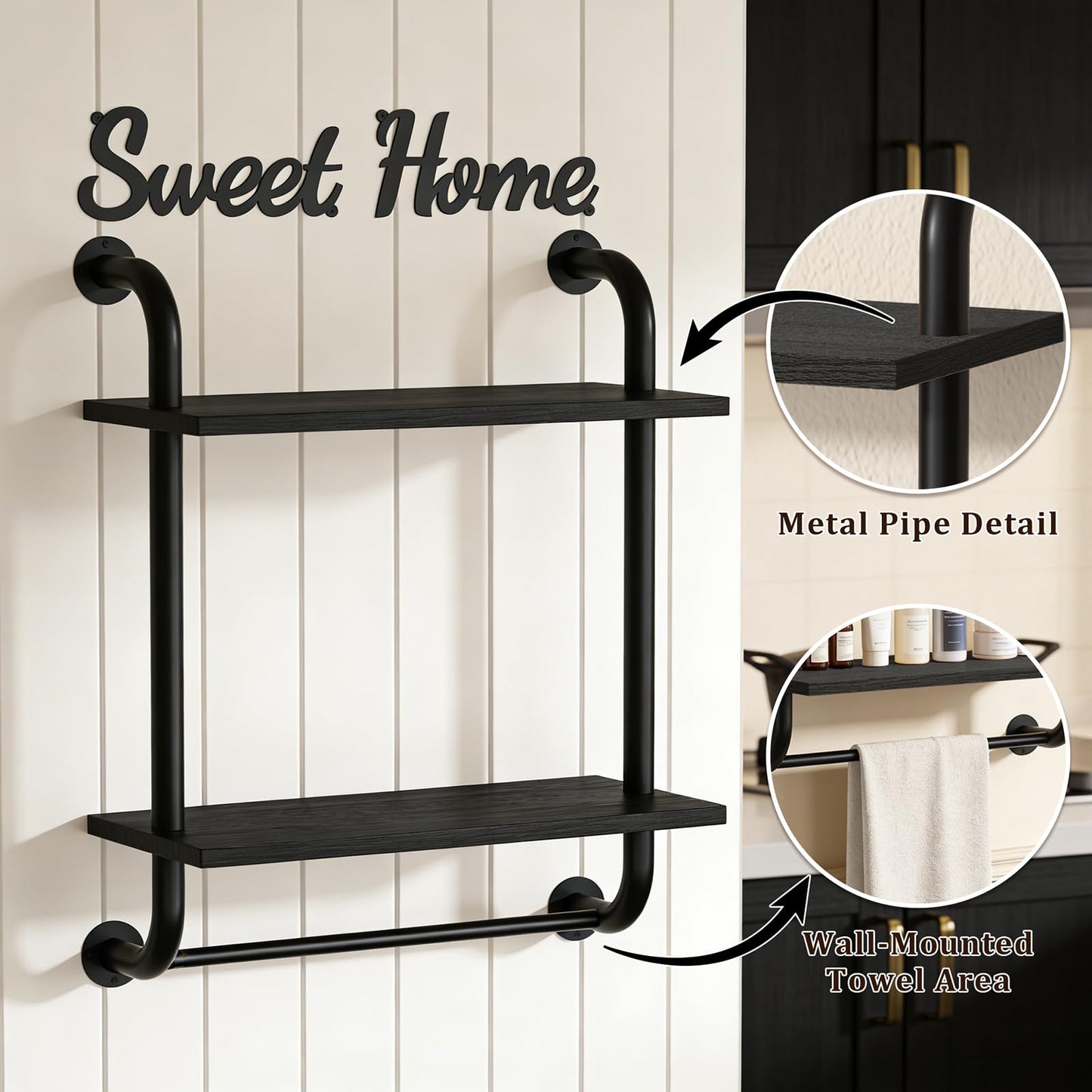 Tinpin Bathroom Shelves Wall Mounted, Rustic Farmhouse Pipe Shelves, Walls Shelf 3-Tier, Industrial Pipe Shelving, Floating Shelf Wall Decor for Bathroom, Kitchen, Bedroom, Living Room 17.3in Black DD1210