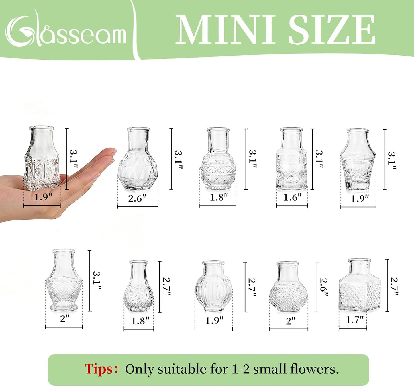 Glasseam Mini Bud Vases for Centerpieces: 20Pcs Clear Glass Vases in Bulk | For Single Flowers, Small Stems, Tiny 2.7", Embossed Thick Glass, Wedding, Party, Baby Shower, Dining Room Table Decoration BST326H