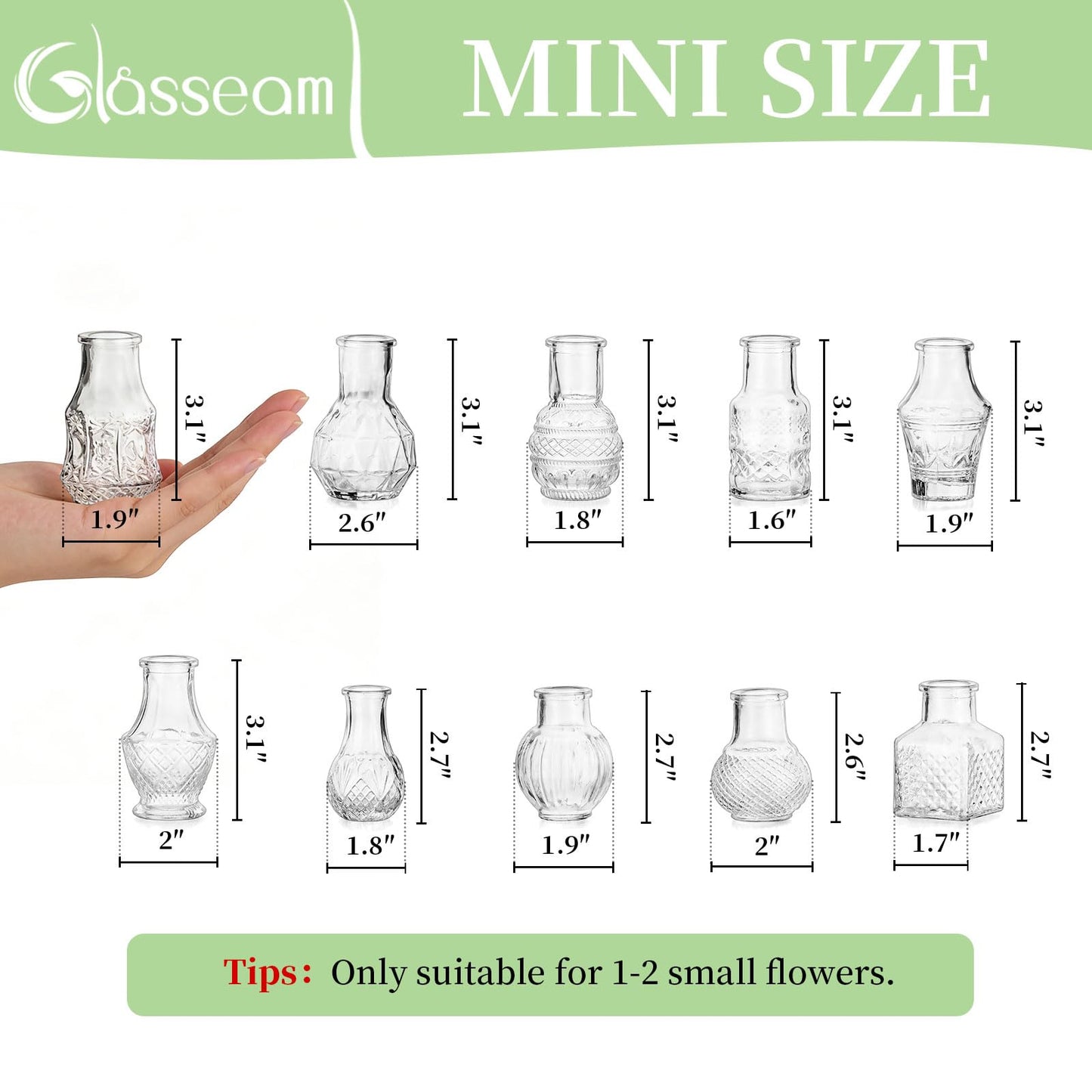 Glasseam Mini Bud Vases for Centerpieces: 20Pcs Clear Glass Vases in Bulk | For Single Flowers, Small Stems, Tiny 2.7", Embossed Thick Glass, Wedding, Party, Baby Shower, Dining Room Table Decoration BST326H