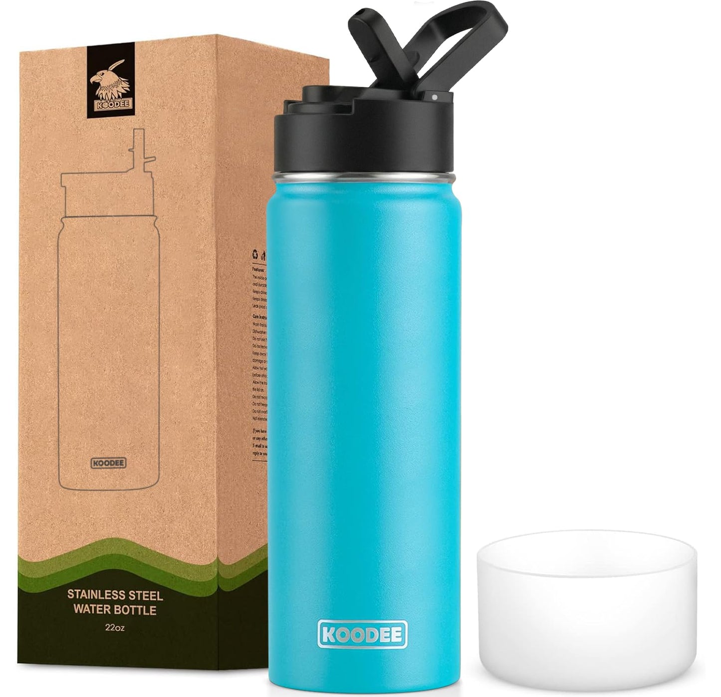 koodee Water Bottle-12 oz Stainless Steel Double Wall Vacuum Insulated Water Bottle for School-Wide Mouth Flask with Straw Lid (Teal) BST220