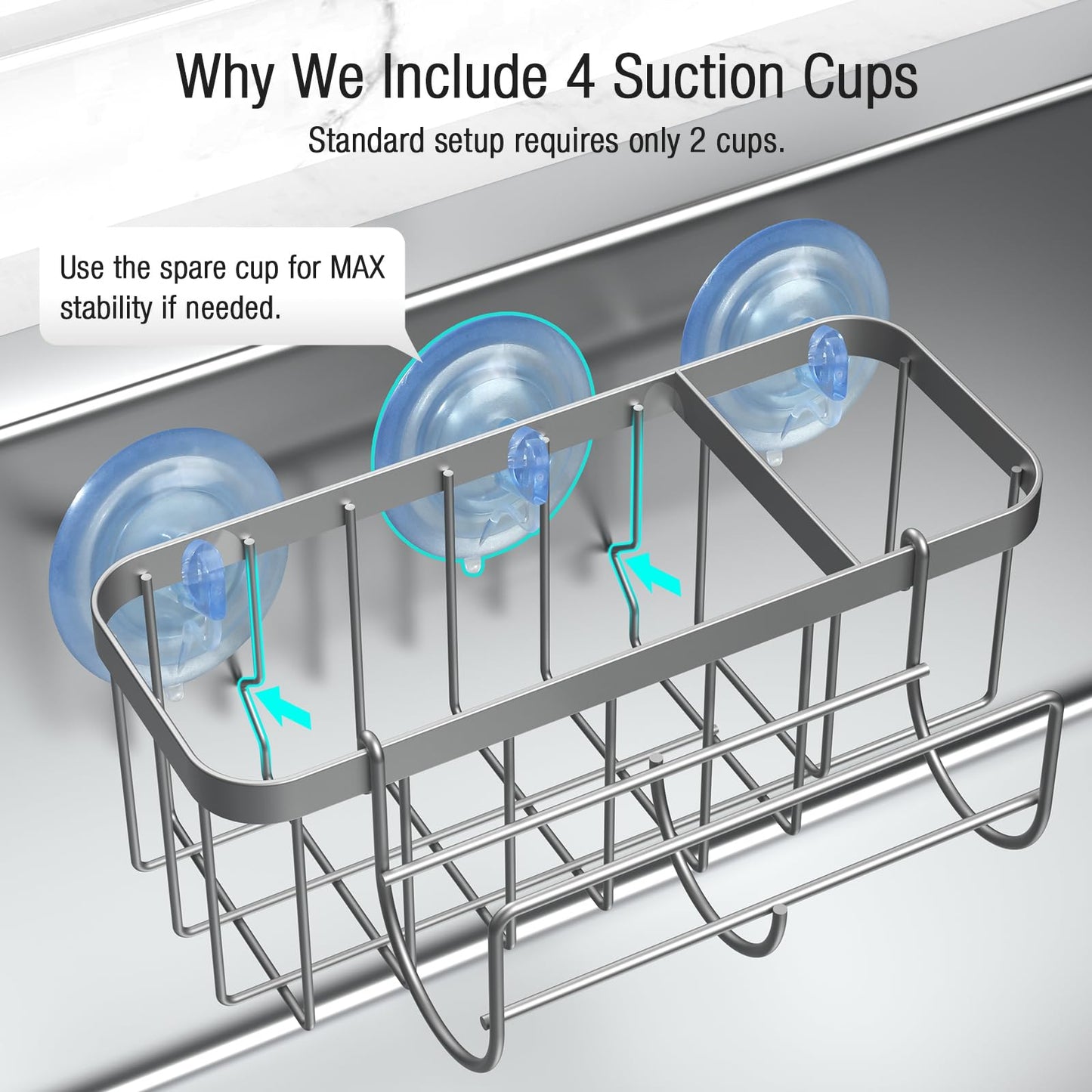 3-in-1 Kitchen Sink Caddy Organizer with Sponge Holder, Brush Holder, Extra Rack for Scrubber, Sink Stopper, Dish Cloth Hanger - Strong Dual Suction Cup, 2.0mm SUS304 Stainless Steel - Grey WN420
