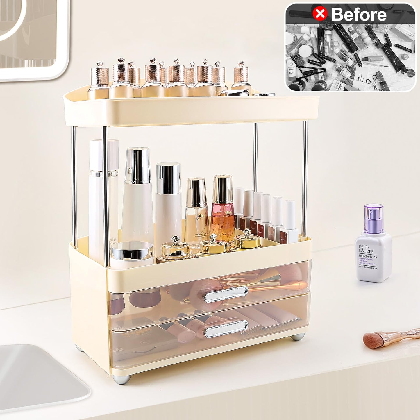 DASITON 4 Tiers Makeup Organizer, 2 Drawers Large Cosmetic Organizers for Vanity Bathroom Countertop, Bathroom Organizers and Storage for Skincare, Cosmetic, Perfume, Dresser Organizer (Cream+Clear) BST220