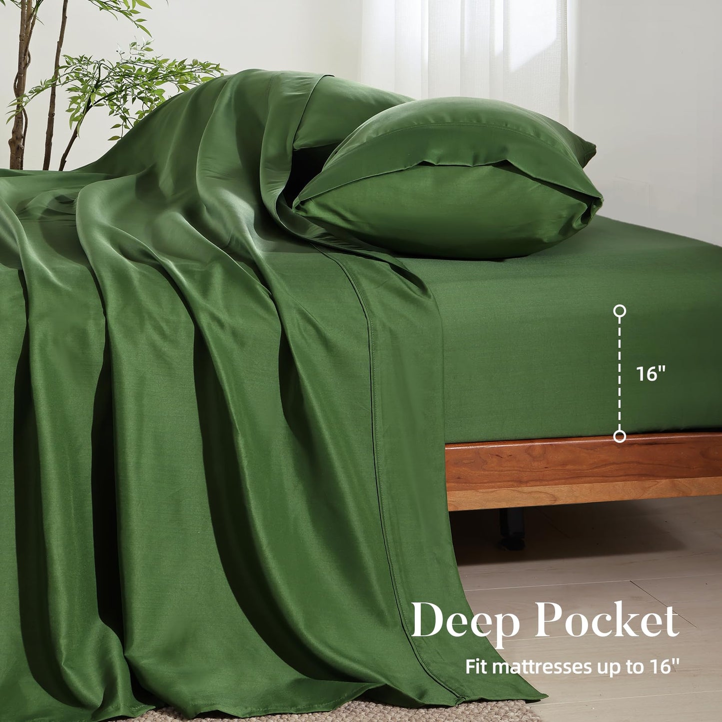 4 Piece Twin Size Sheet - Cooling Bed Sheets Set, Blend Rayon Derived from Bamboo, Breathable Soft Hotel Luxury Bedding & Pillowcases, Silky Fit 16 inch Extra Deep Pocket, Oeko-Tex - Olive Green BST326H