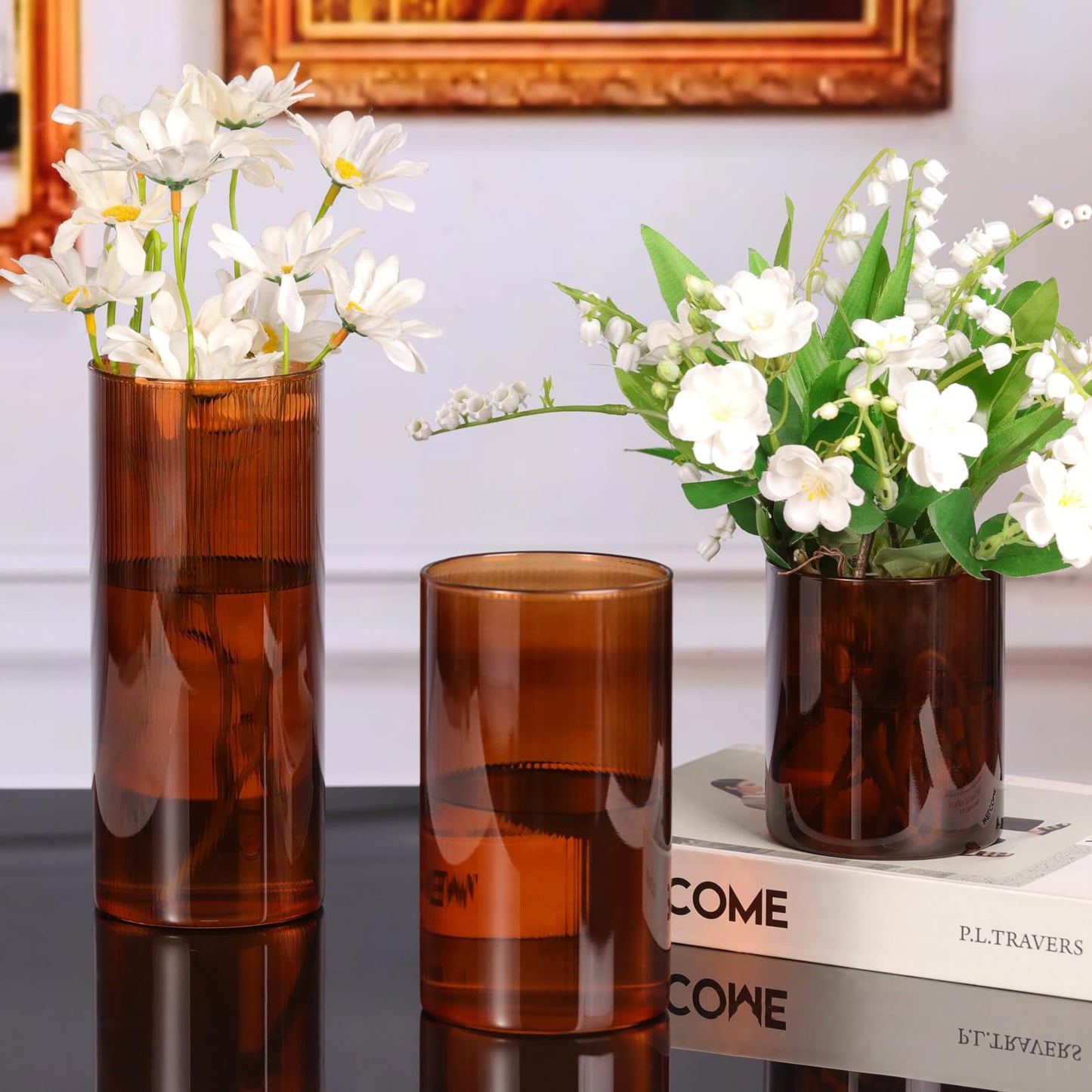 Glass Ribbed Cylinder Vases, 8 Inch Tall, Clear, Pack of 3 | Flower Vases in Bulk, Hurricane Floating Candle Vases, For Party Home Decor BST326H