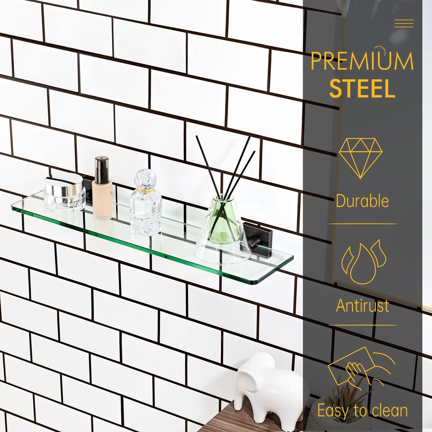 KOKOSIRI Glass Shelf for Bathrooms Floating Shelves Wall Mount 16-Inch for Shower Storage Kitchen Rack, 2 Pack Brushed Stainless Steel B1107BR-L16-P2 BST202