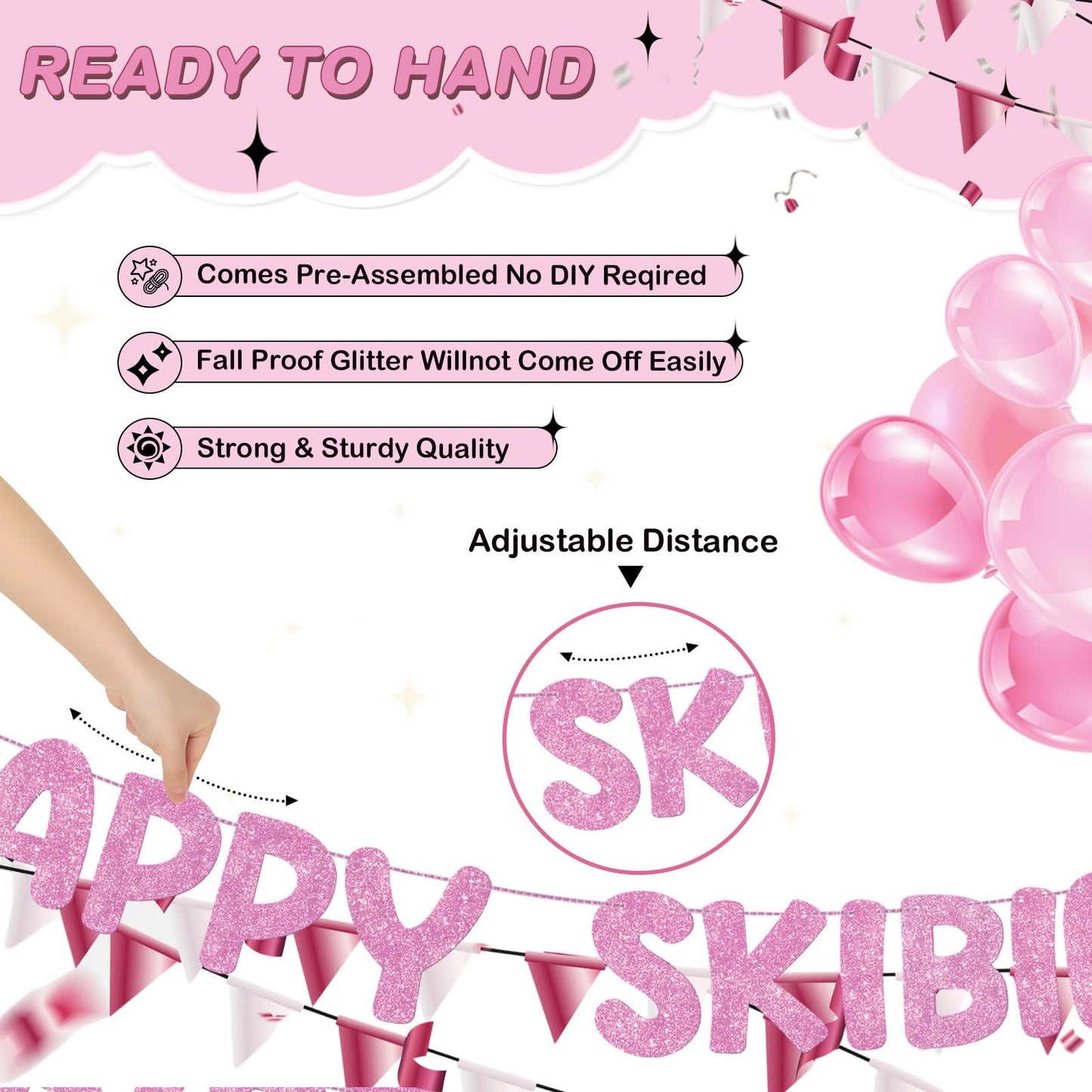 Fulmoon Pre Strung Happy Skibidi Birthday Sigma Banner Glitter Funny Zoomer Gen Z Slang Birthday Party Supplies Gen Z Slag Party Decorations Sign Gift(Champagne Gold) WN420