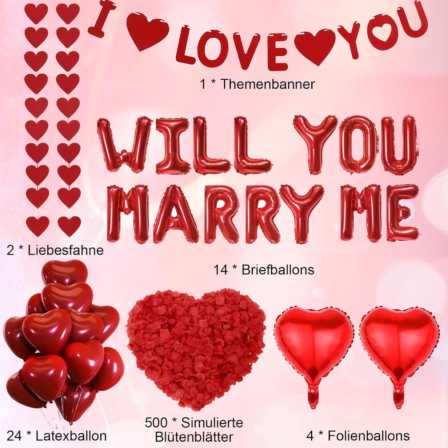Will You Marry Me Decorations - 500+ Pcs Red Letter Balloons Banner Garlands Heart Rose Petals Party Decoration Set for Romantic Engagement Surprise Anniversary Proposal Valentines Day Supplies BST326L