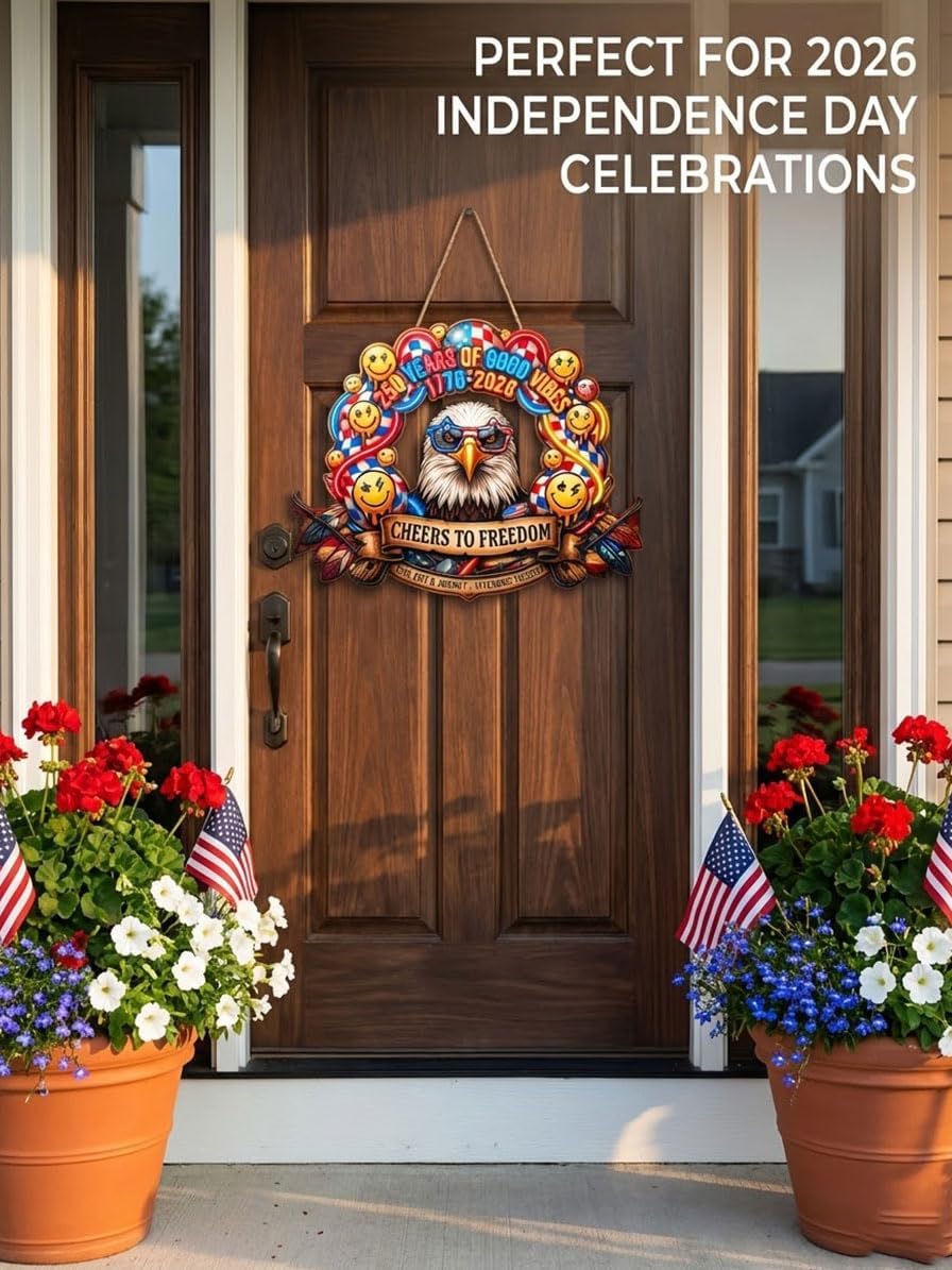 USA 250th Anniversary Wooden Door Sign, 1776-2026 Commemorative Bald Eagle Patriotic Wall Hanging Decor, Cheers to Freedom Party Wreath for July 4th Home Porch Decor (250year-1) BST202